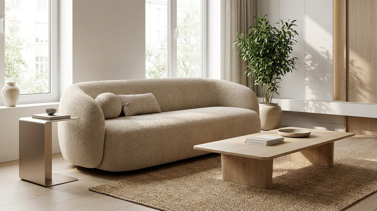 Marier la déco salon japandi et le canapé arrondi