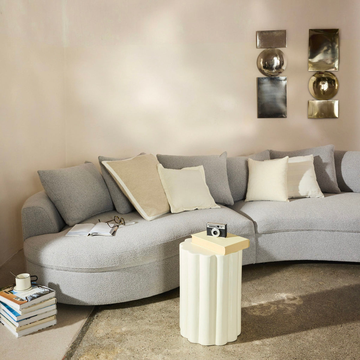 Canapé XL Arrondi Bouclette 7 Places Gris Clair Chiné - Seal