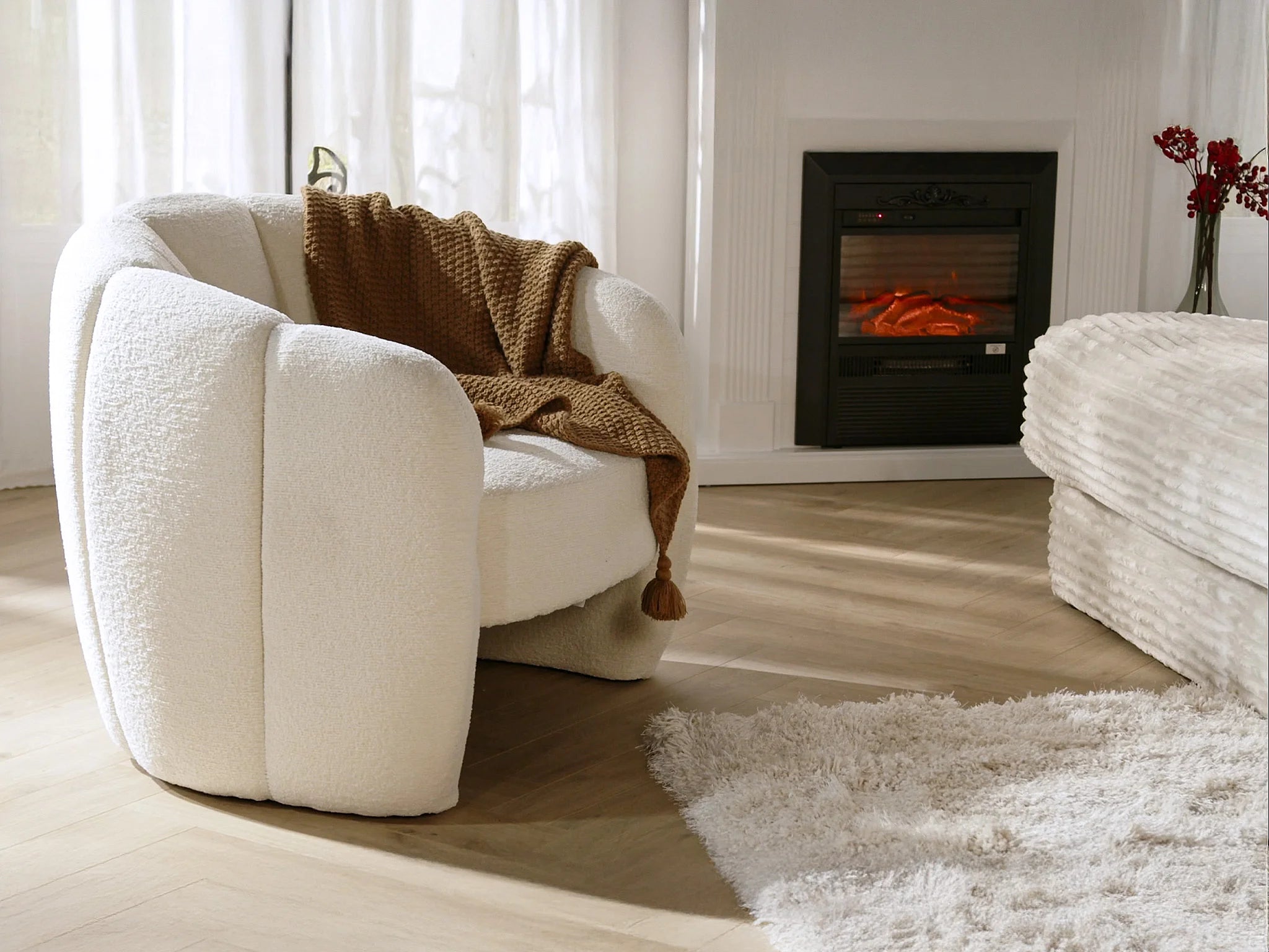 Fauteuil Arrondi Coquillage En Tissu Chenille Beige - DELIPO