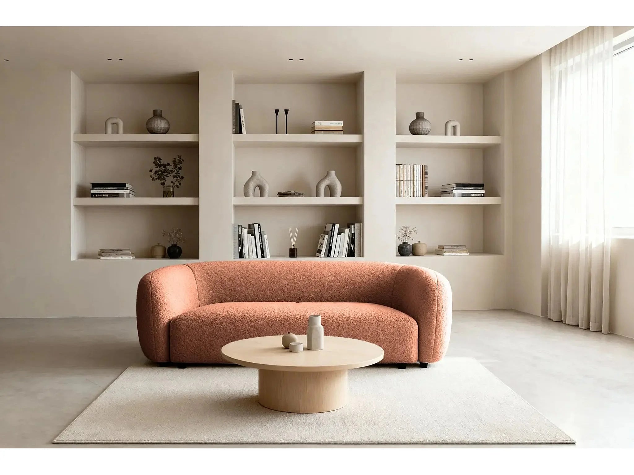 Canapé Arrondi Droit En Tissu Bouclette 3 Places Terracotta - BAHIA