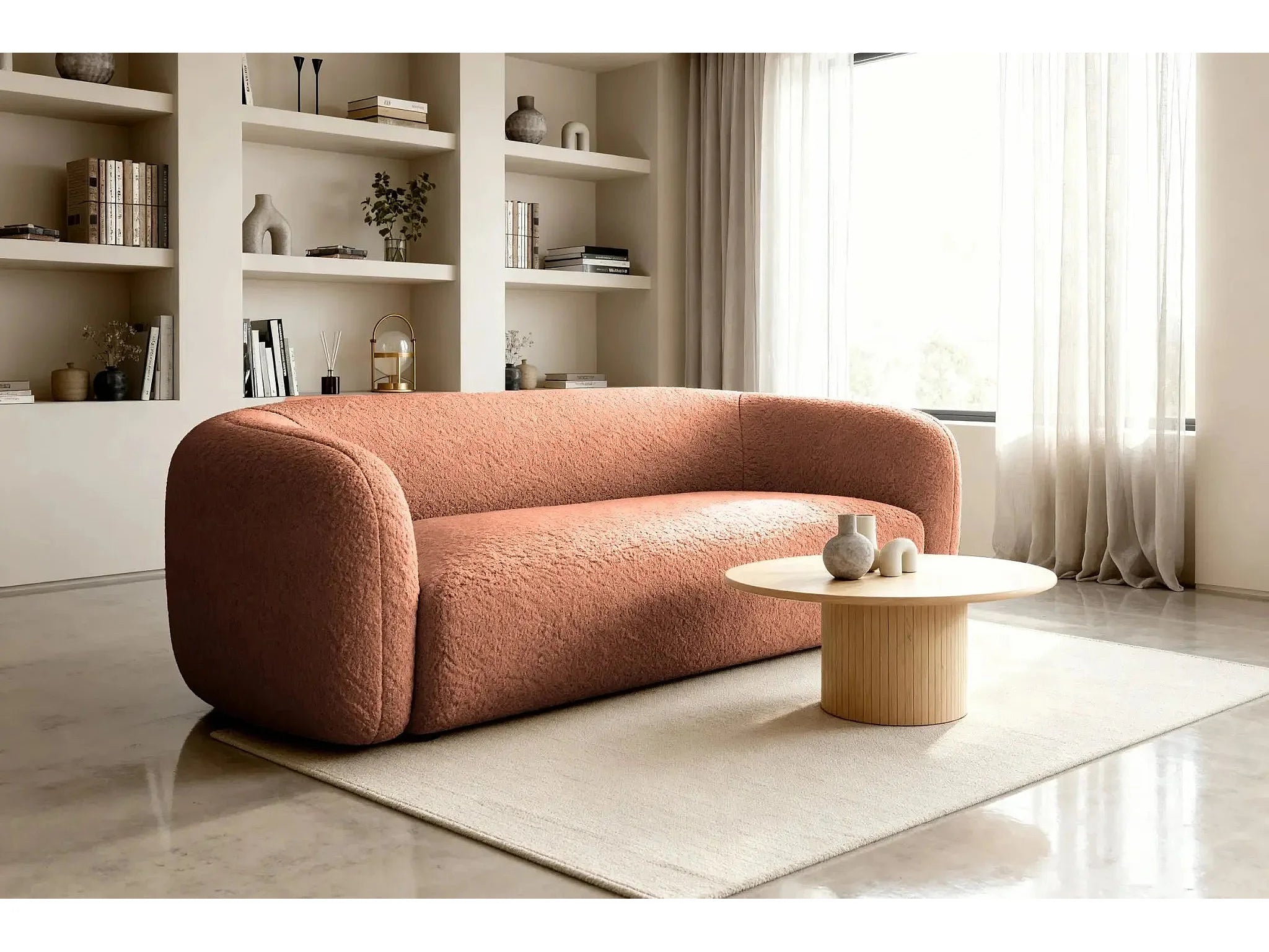 Canapé Arrondi Droit En Tissu Bouclette 3 Places Terracotta - BAHIA