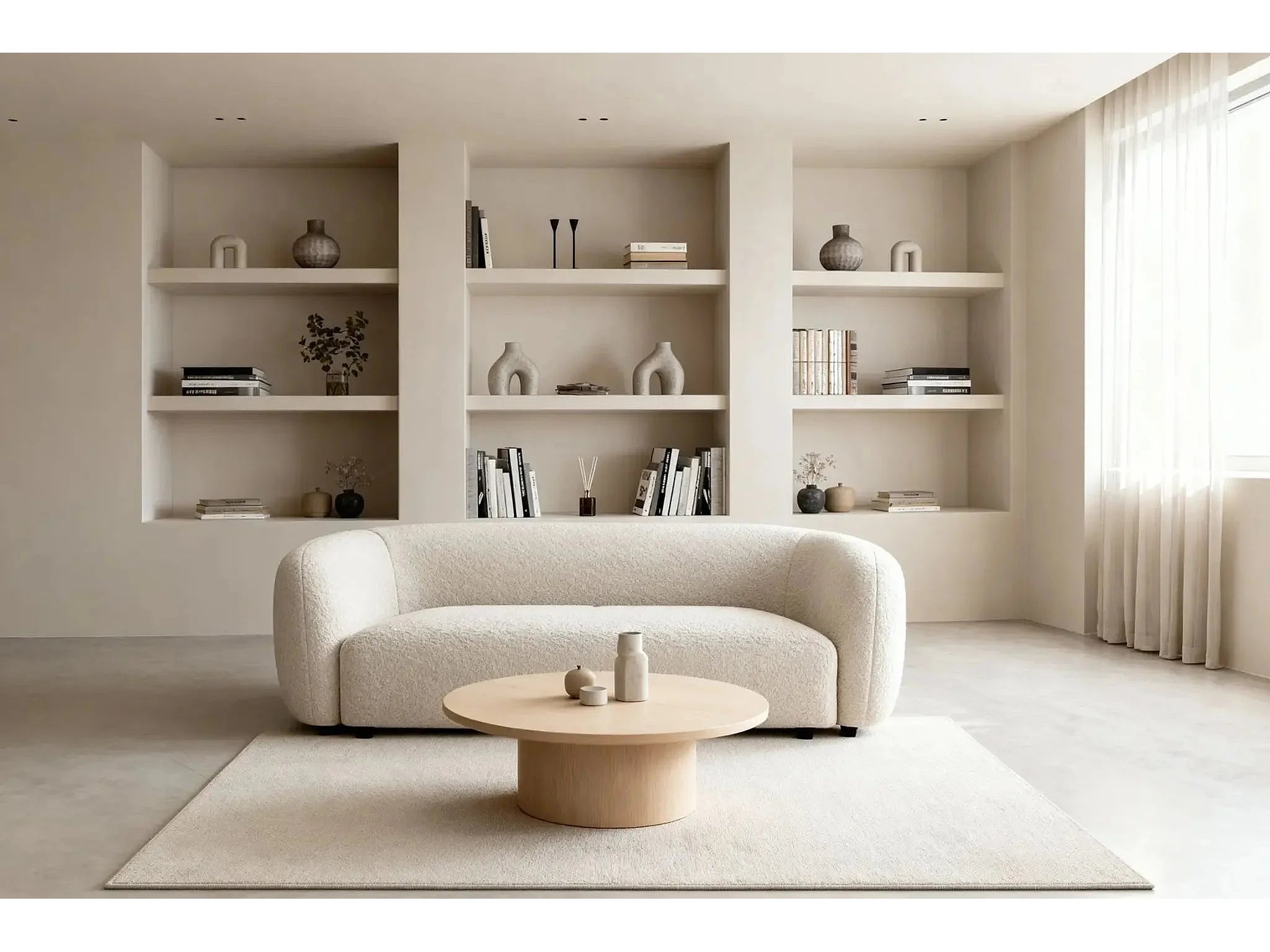 Canapé Arrondi Droit En Tissu Bouclette 3 Places Beige - BAHIA