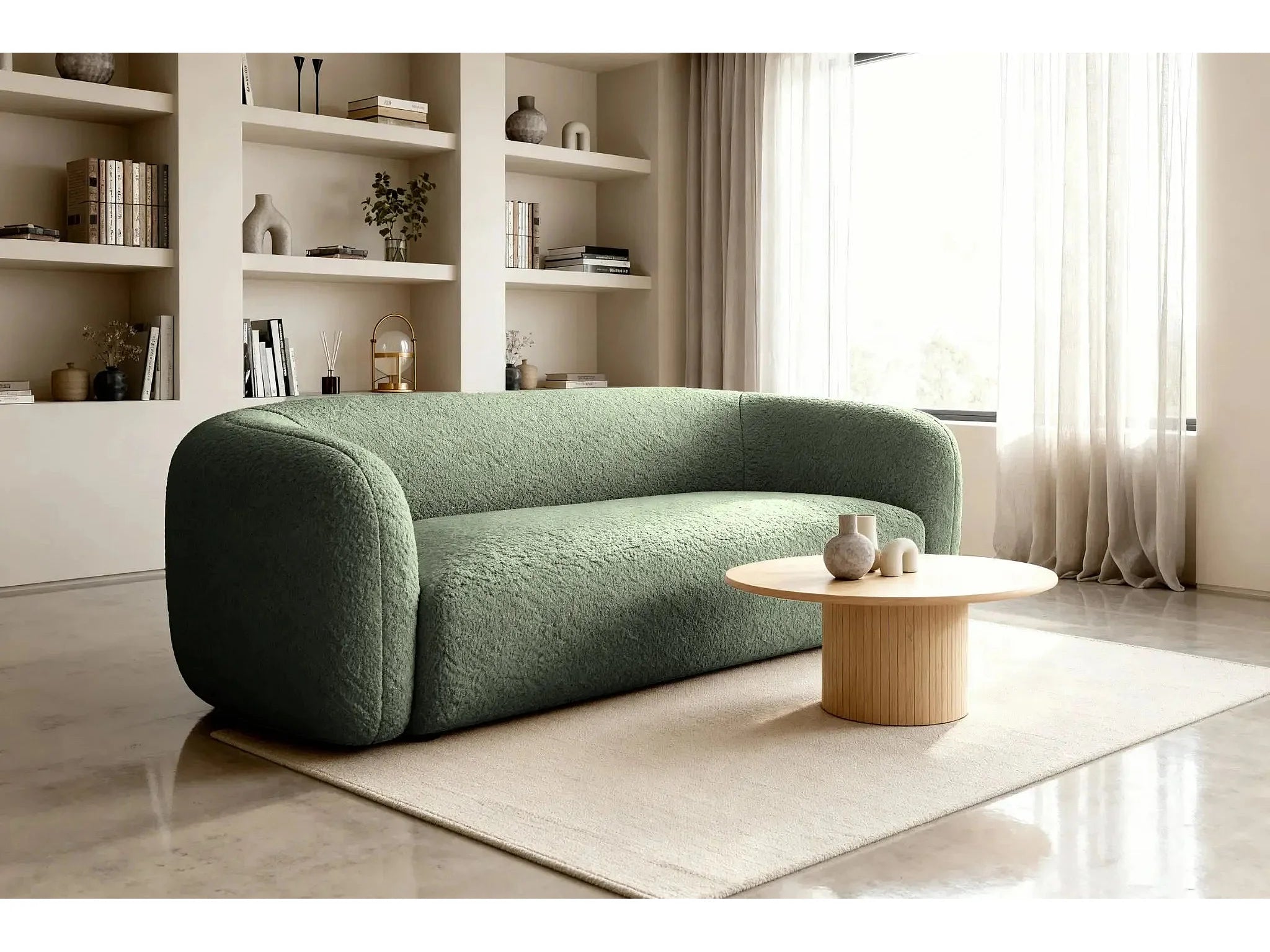Canapé Arrondi En Tissu Bouclette 3 Places Vert - BAHIA