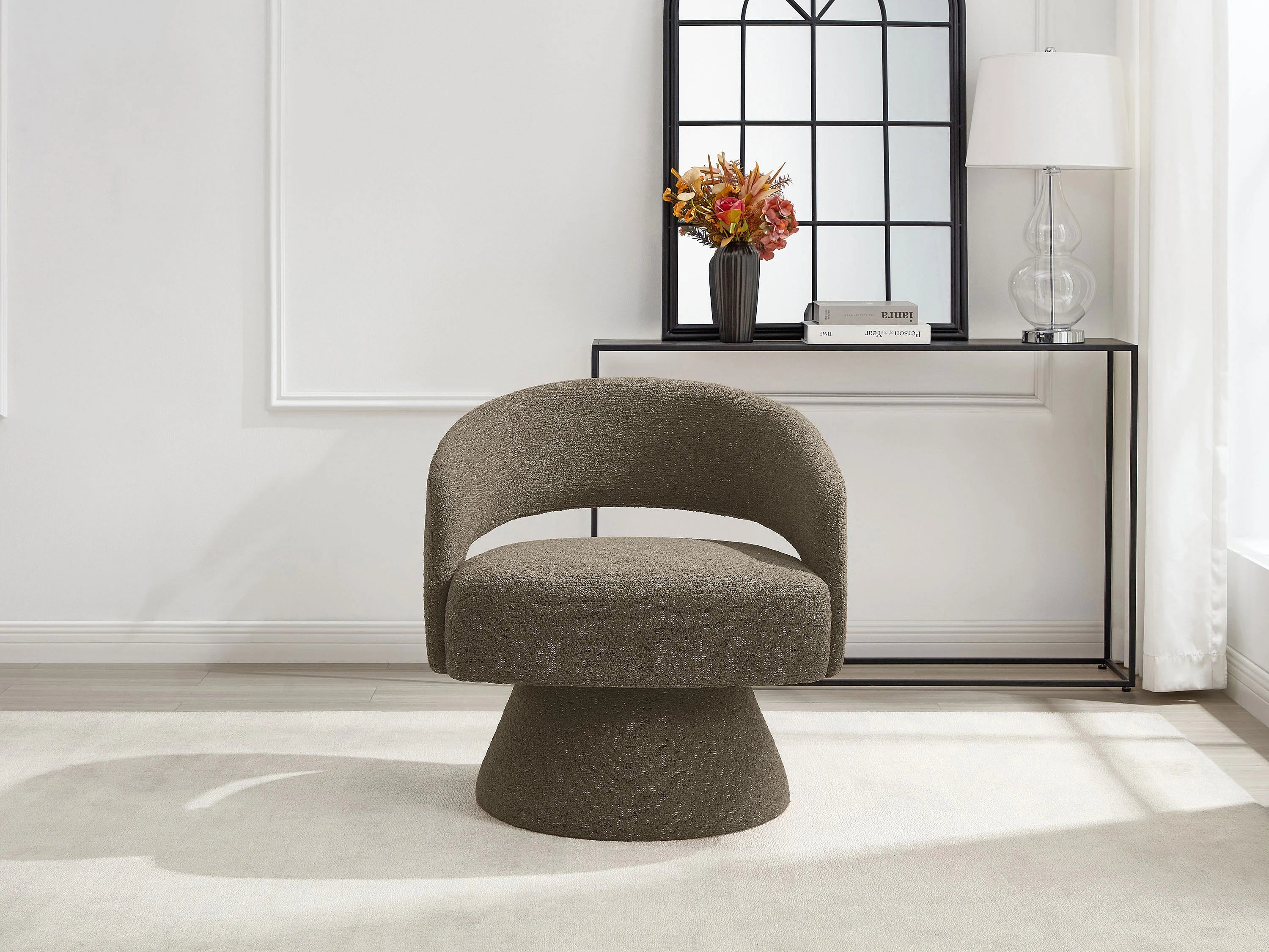 Fauteuil Arrondi Pivotant En Tissu Chenille Taupe - FEDOTE