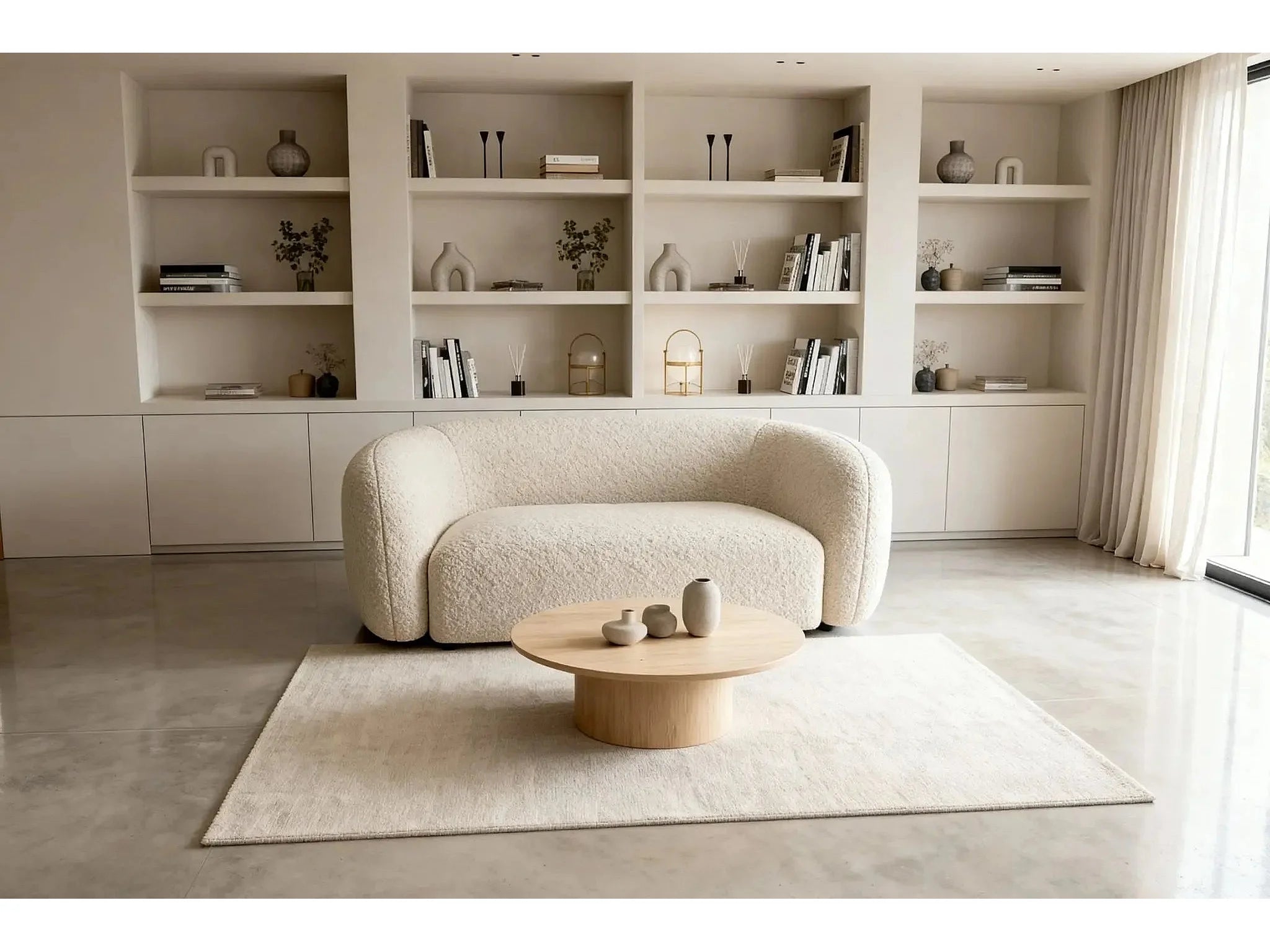 Canapé Arrondi Droit Tissu Bouclette 2 Places Beige - BAHIA