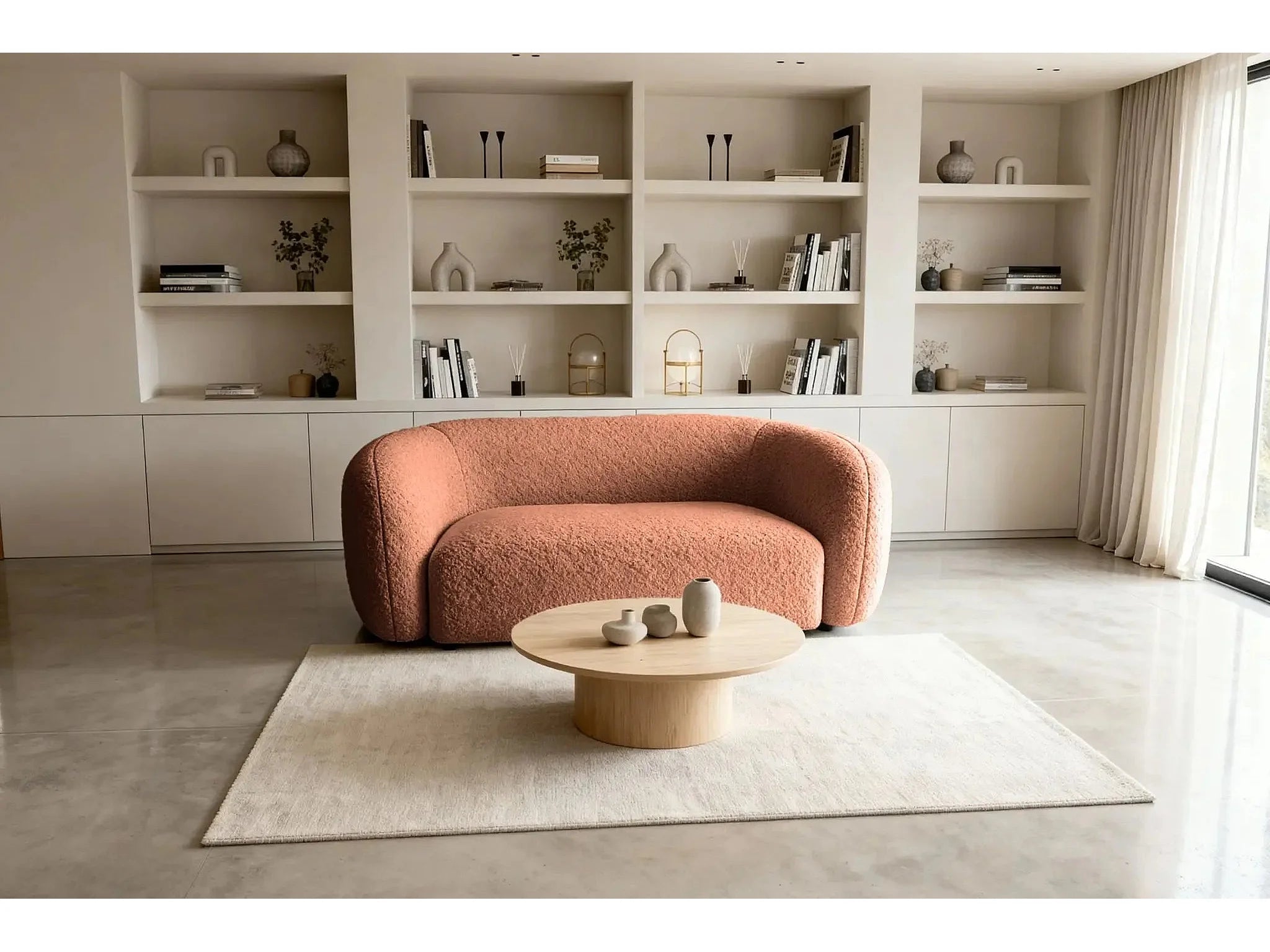 Canapé Arrondi Droit Tissu Bouclette 2 Places Terracotta - BAHIA