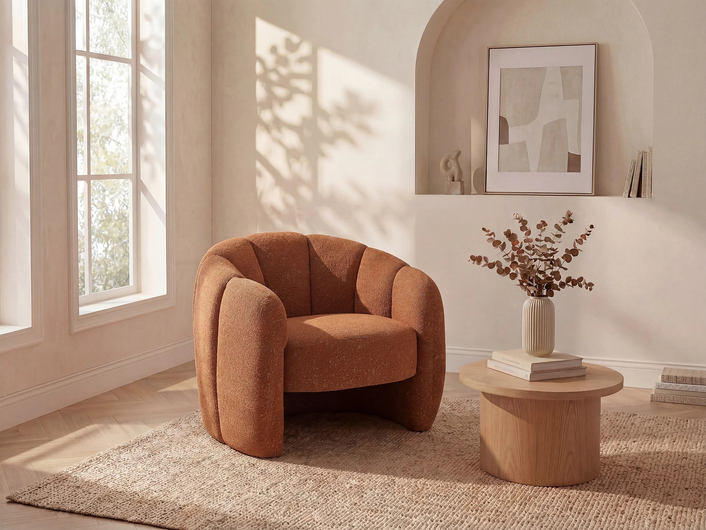 Fauteuil Arrondi Coquillage En Tissu Chenille Terracotta - DELIPO