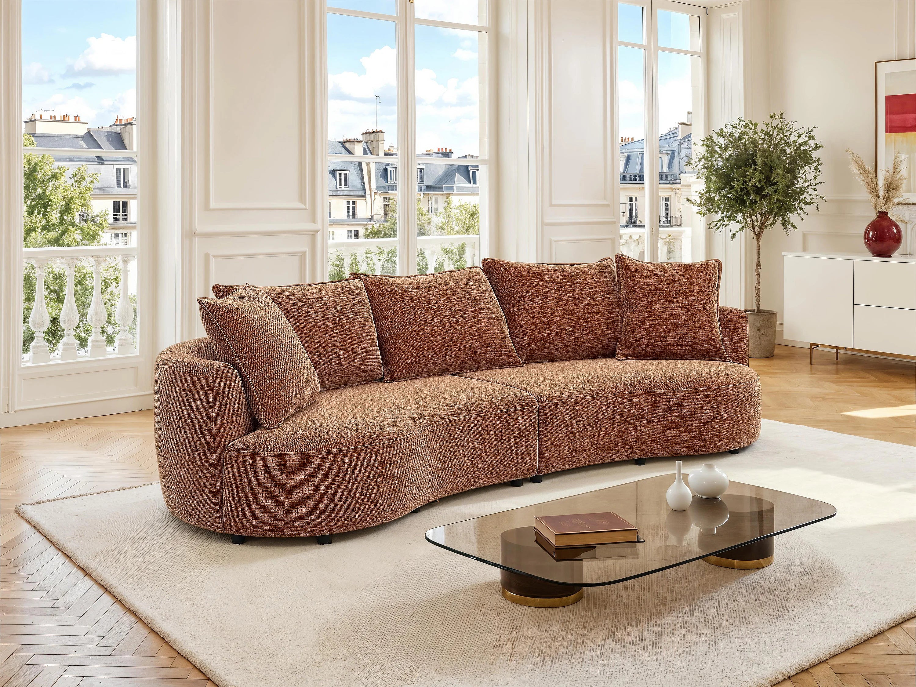 Canapé Arrondi 4 Places En Tissu Chenille Terracotta - CEPRANO