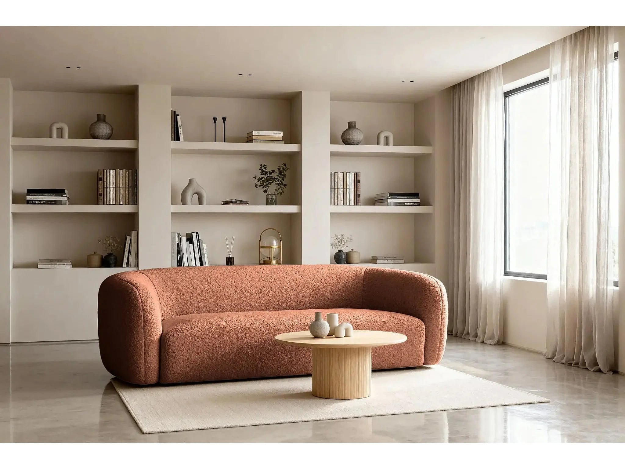 Canapé Arrondi Droit En Tissu Bouclette 3 Places Terracotta - BAHIA