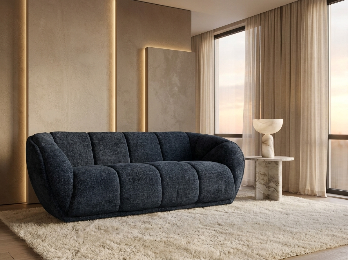 Canapé Arrondi Tissu 3 Places Bleu - West