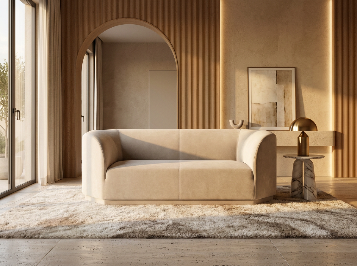 Canapé Arrondi Tissu Tramé 2 Places Beige - Gaspard