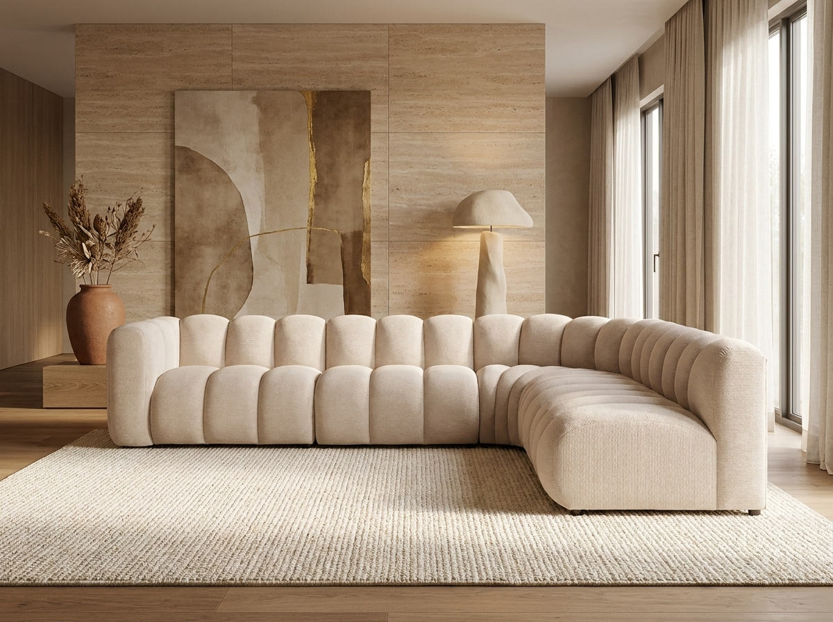 Canapé Modulable Arrondi Tissu Texturé 5 Places Beige - Debbie