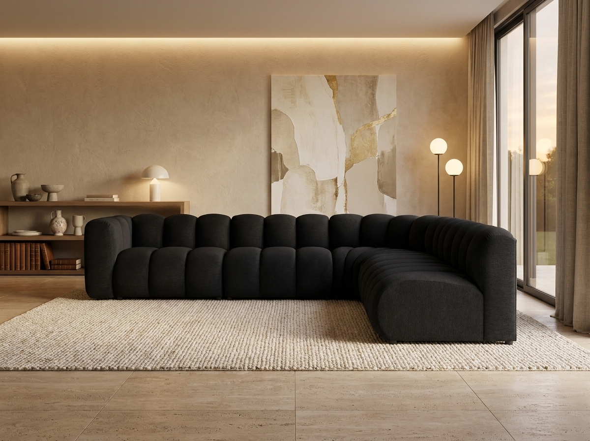 Canapé Modulable Arrondi Tissu Texturé 5 Places Noir Angle Droit - Debbie