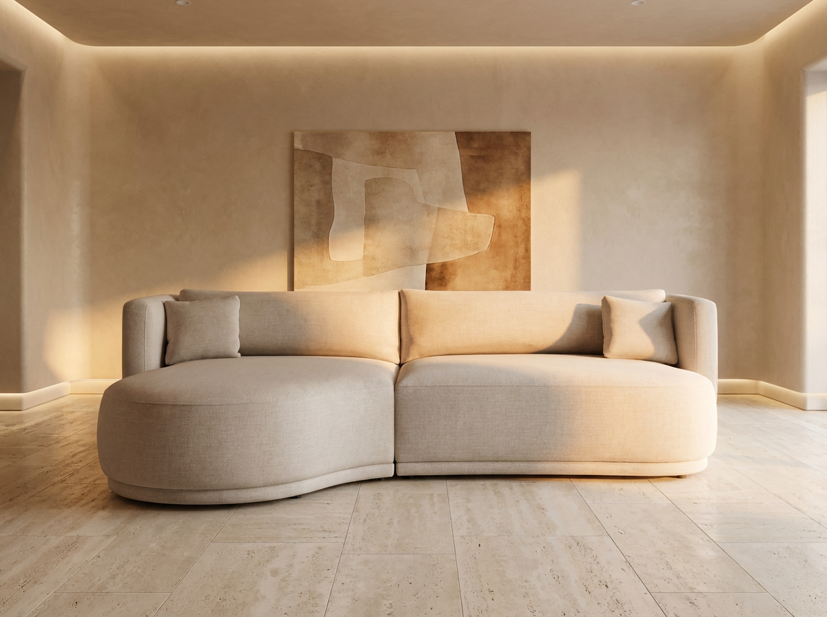 Canapé d'Angle Arrondi Velours 4 Places Beige Sable Angle Gauche - Modjo