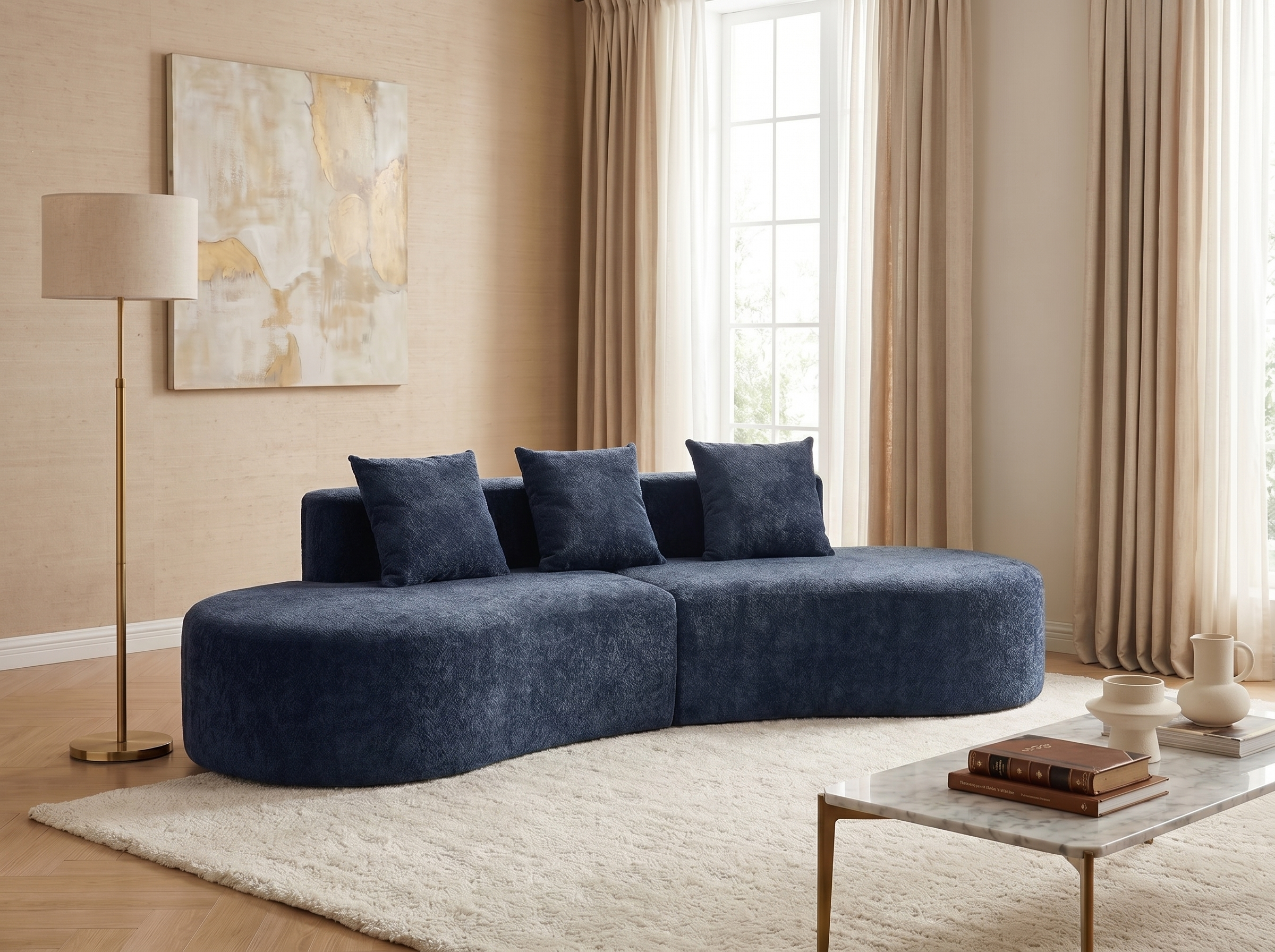 Canape Arrondi Compresse 3 Places En Velours Bleu