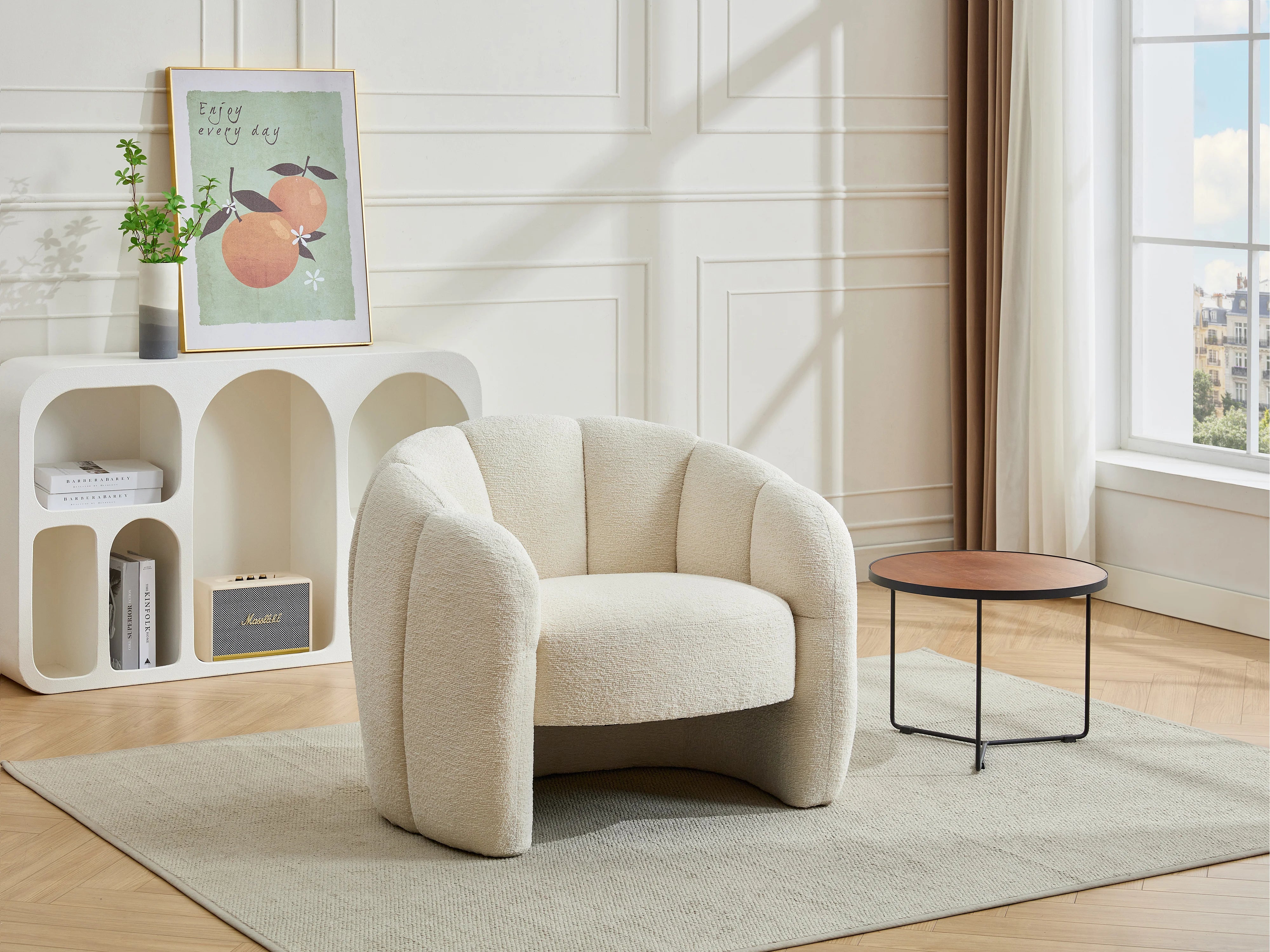 Fauteuil Arrondi Coquillage En Tissu Chenille Beige - DELIPO