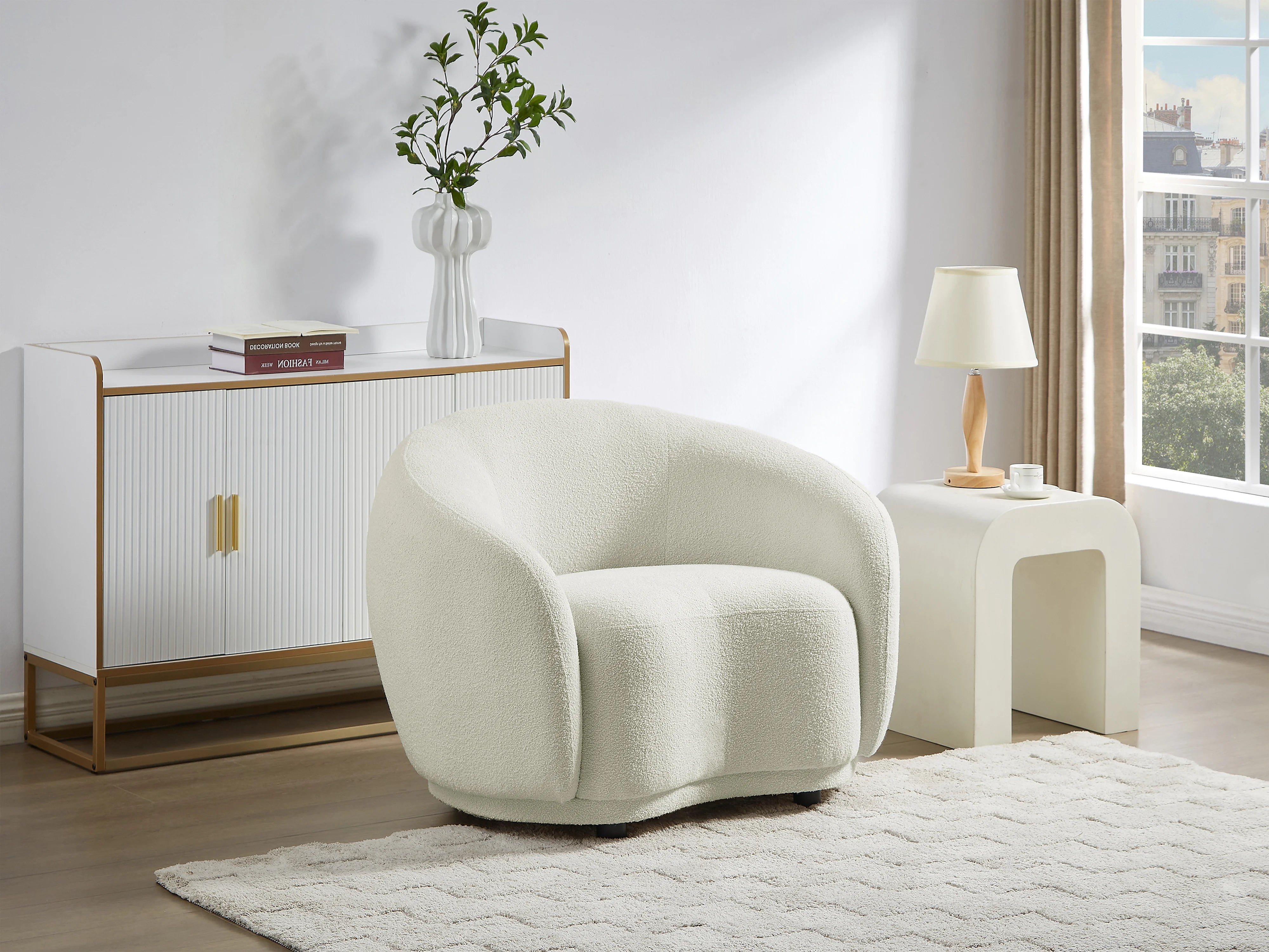 Fauteuil Arrondi En Tissu Bouclette Blanc Ivoire - BOVANA