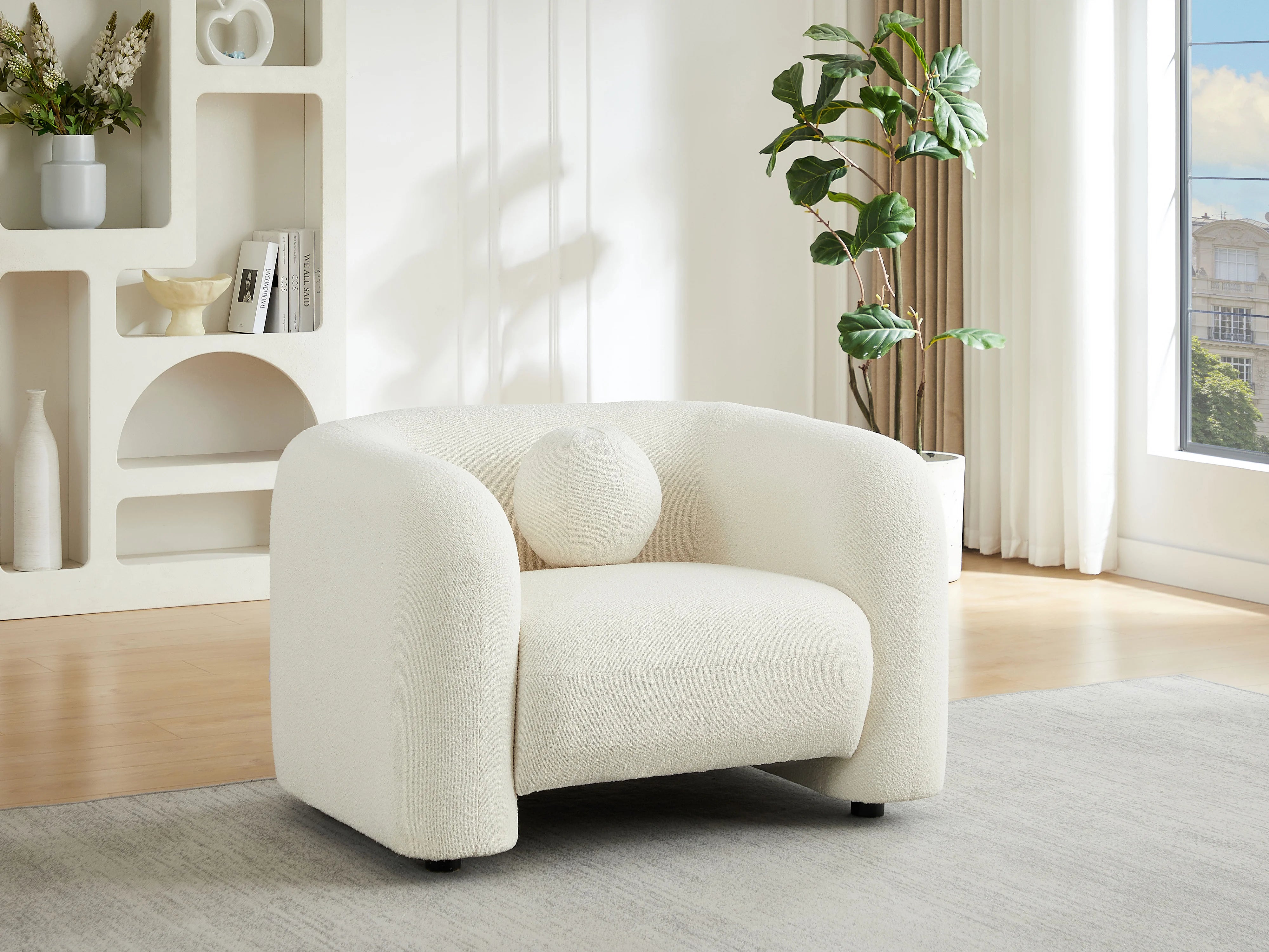 Fauteuil Arrondi En Tissu Bouclette Blanc Ivoire - OVOTAS