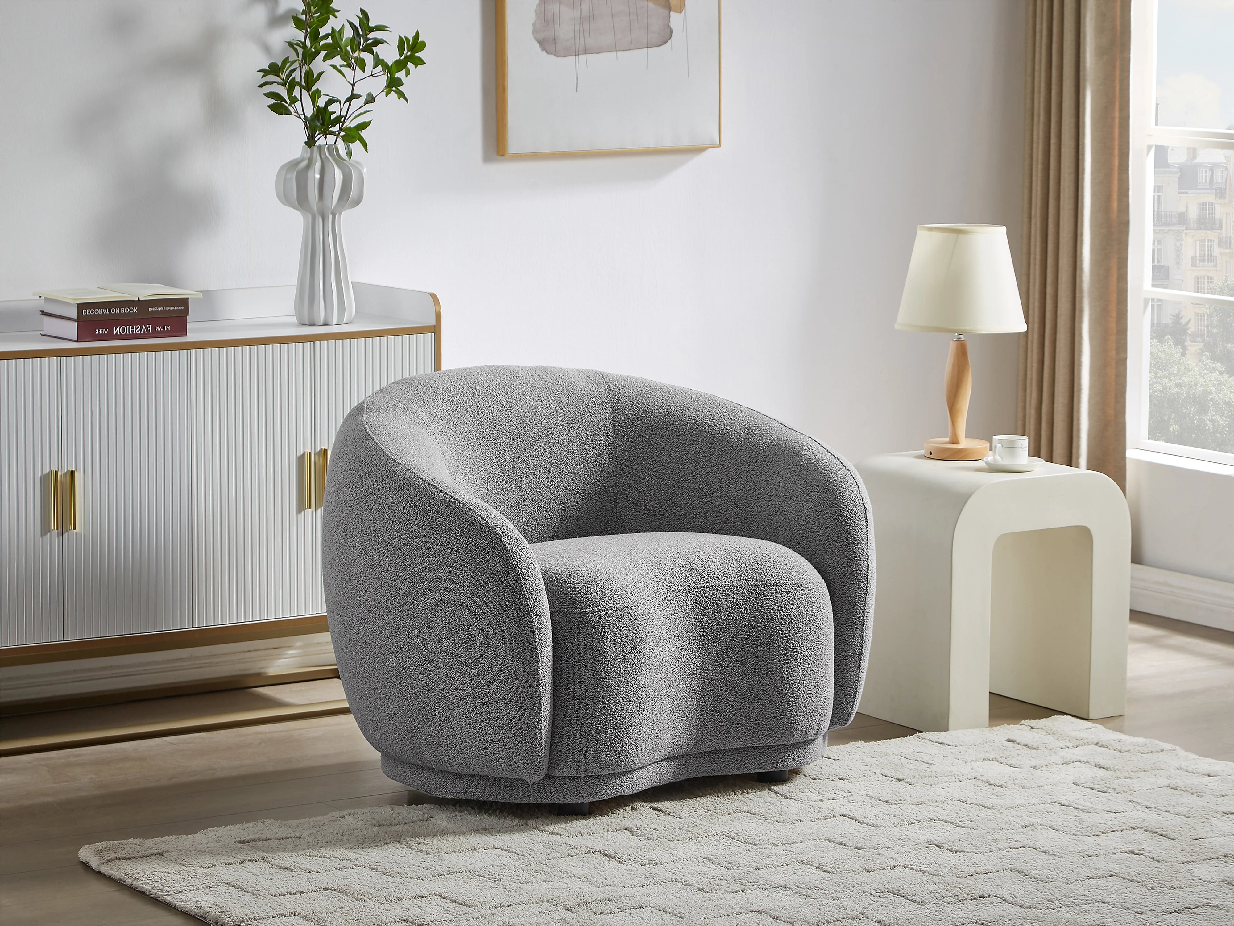 Fauteuil Arrondi En Tissu Bouclette Gris - BOVANA