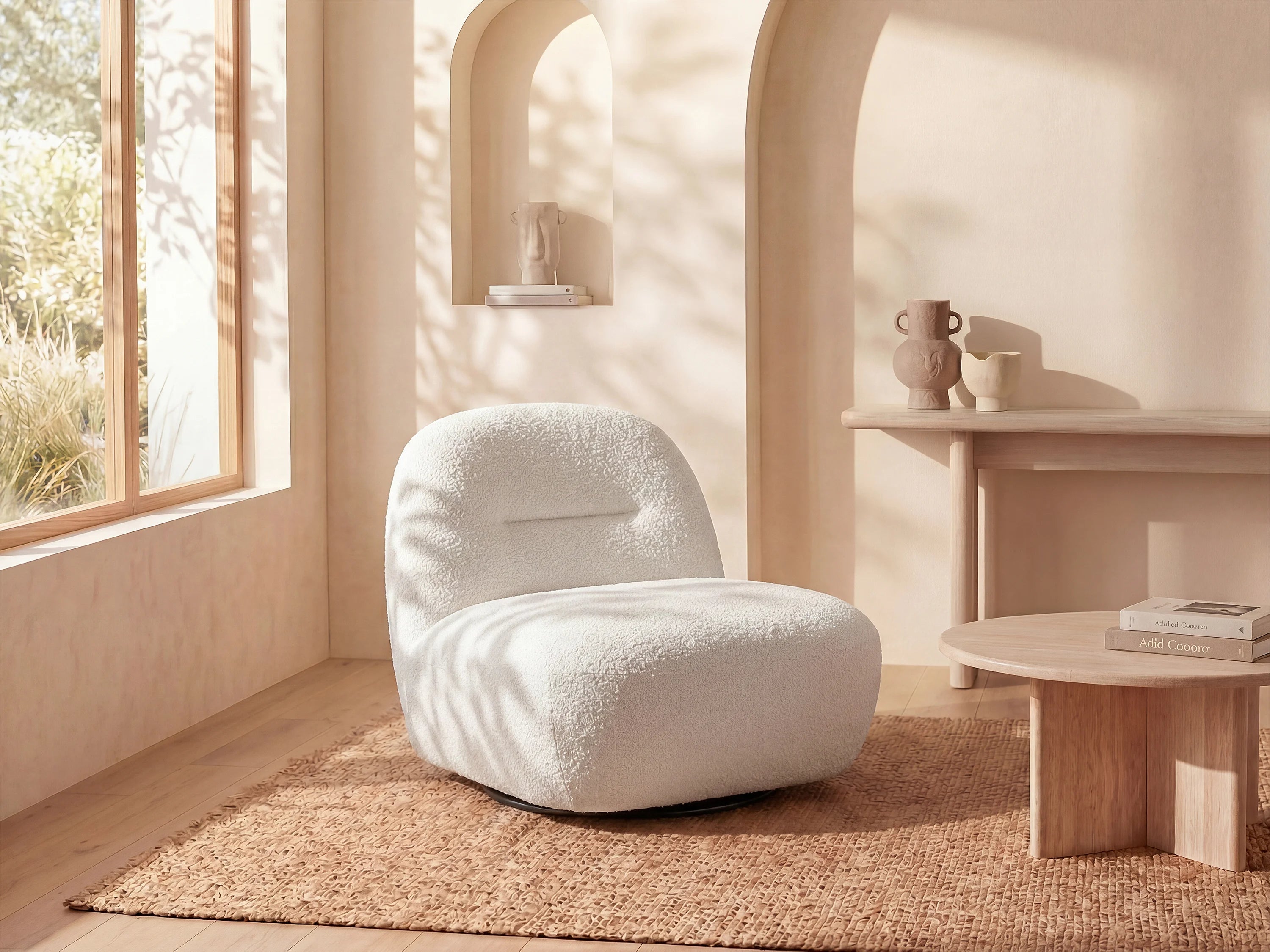 Fauteuil Arrondi Pivotant En Tissu Bouclette Blanc - POZETI