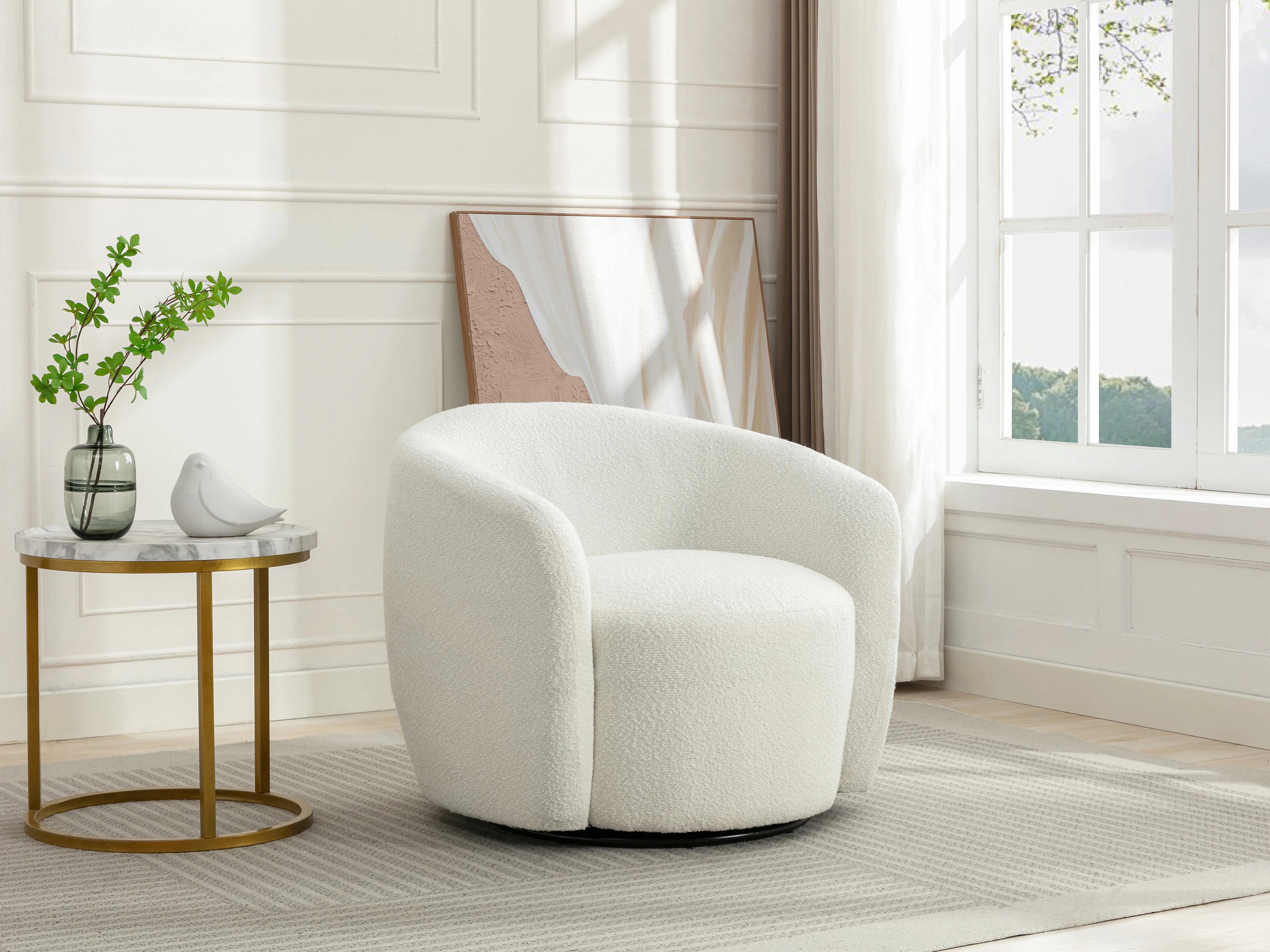 Fauteuil Arrondi Pivotant En Tissu Bouclette Blanc - VEREIDE