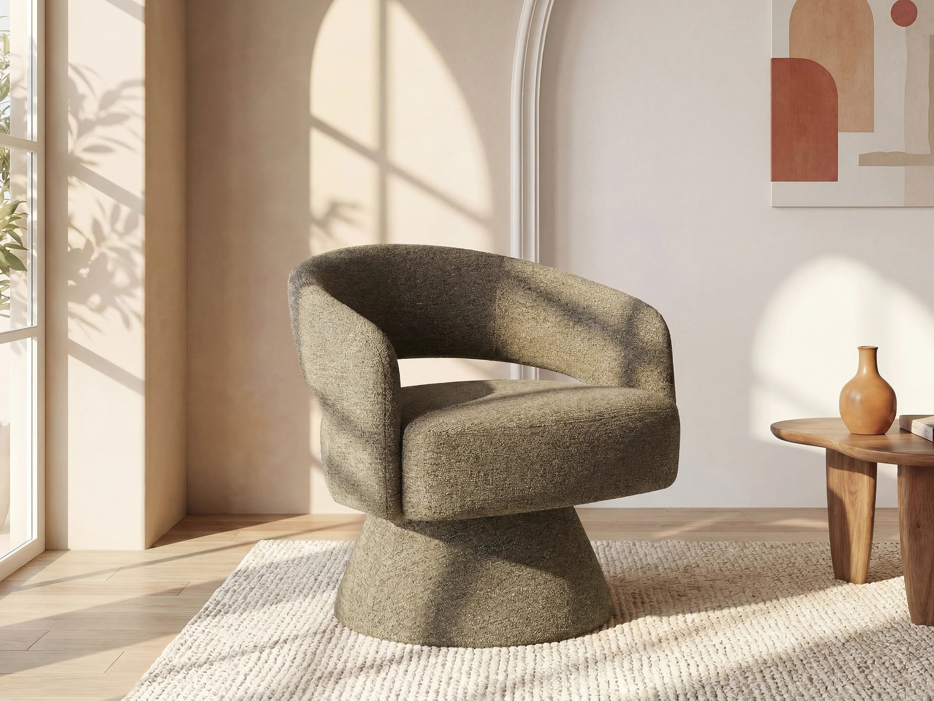 Fauteuil Arrondi Pivotant En Tissu Chenille Taupe - FEDOTE