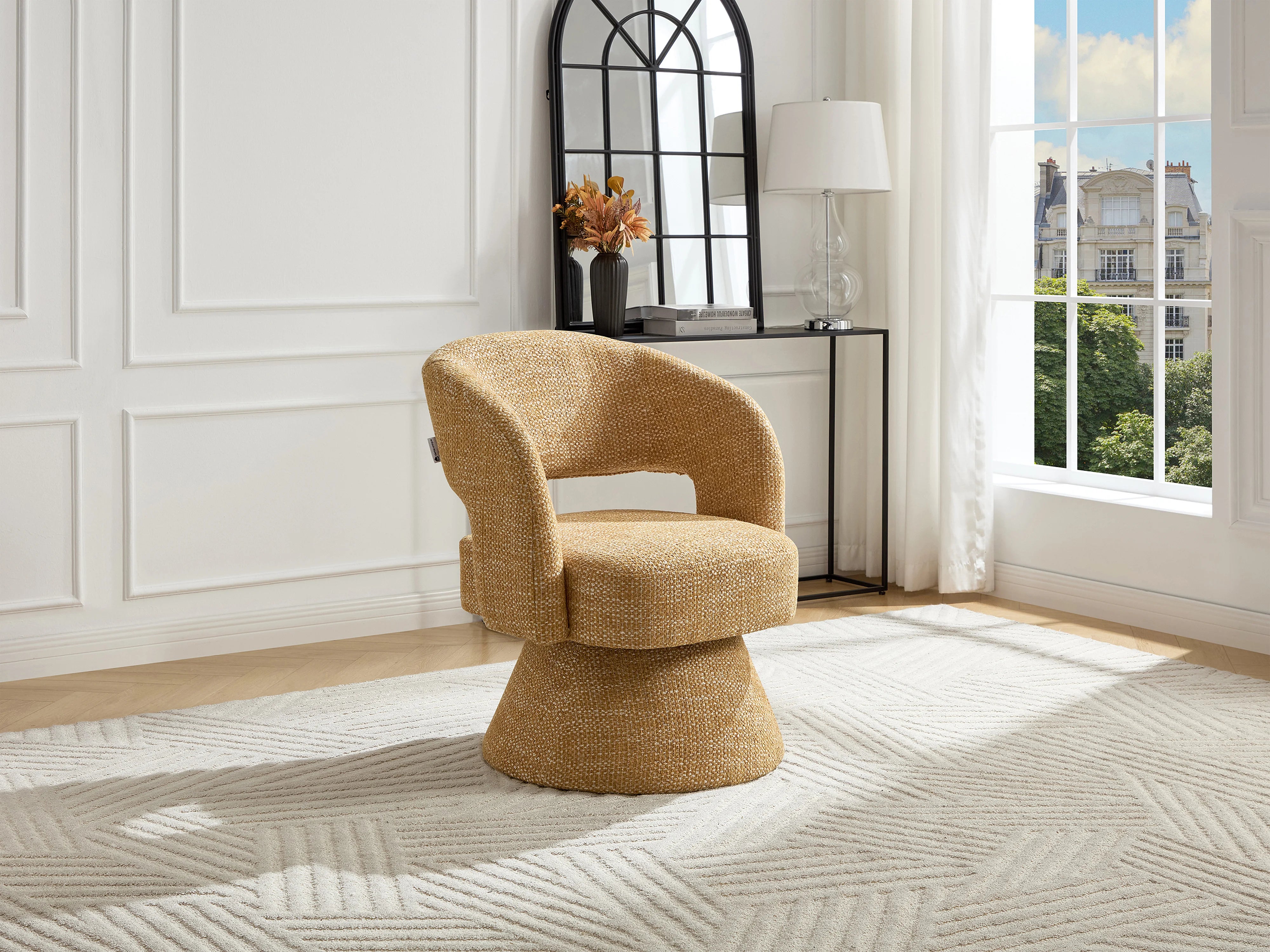 Fauteuil Arrondi Pivotant En Tissu Texturé Jaune Moutarde - NAROLIA
