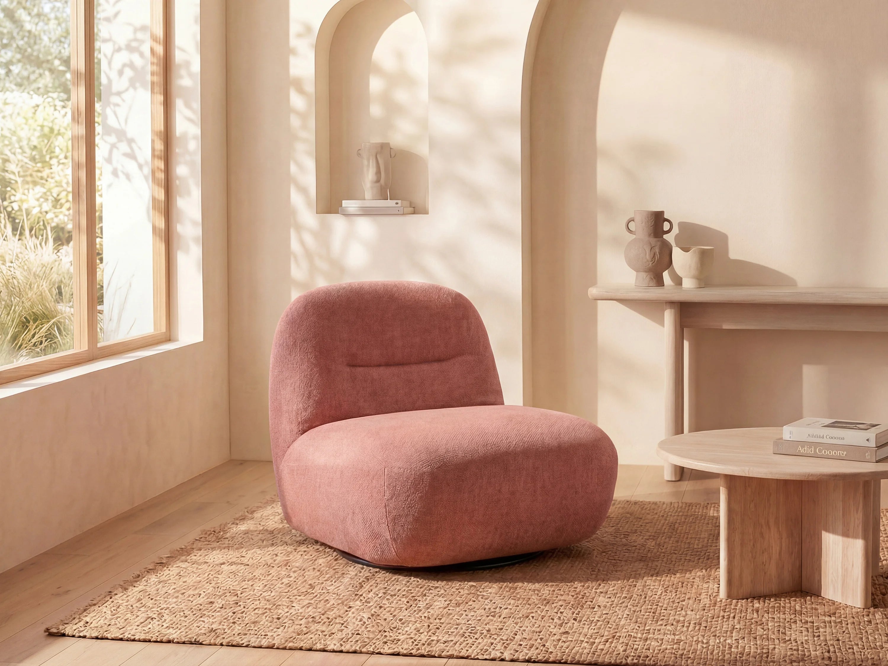 Fauteuil Arrondi Pivotant En Tissu Texturé Terracotta - POZETI