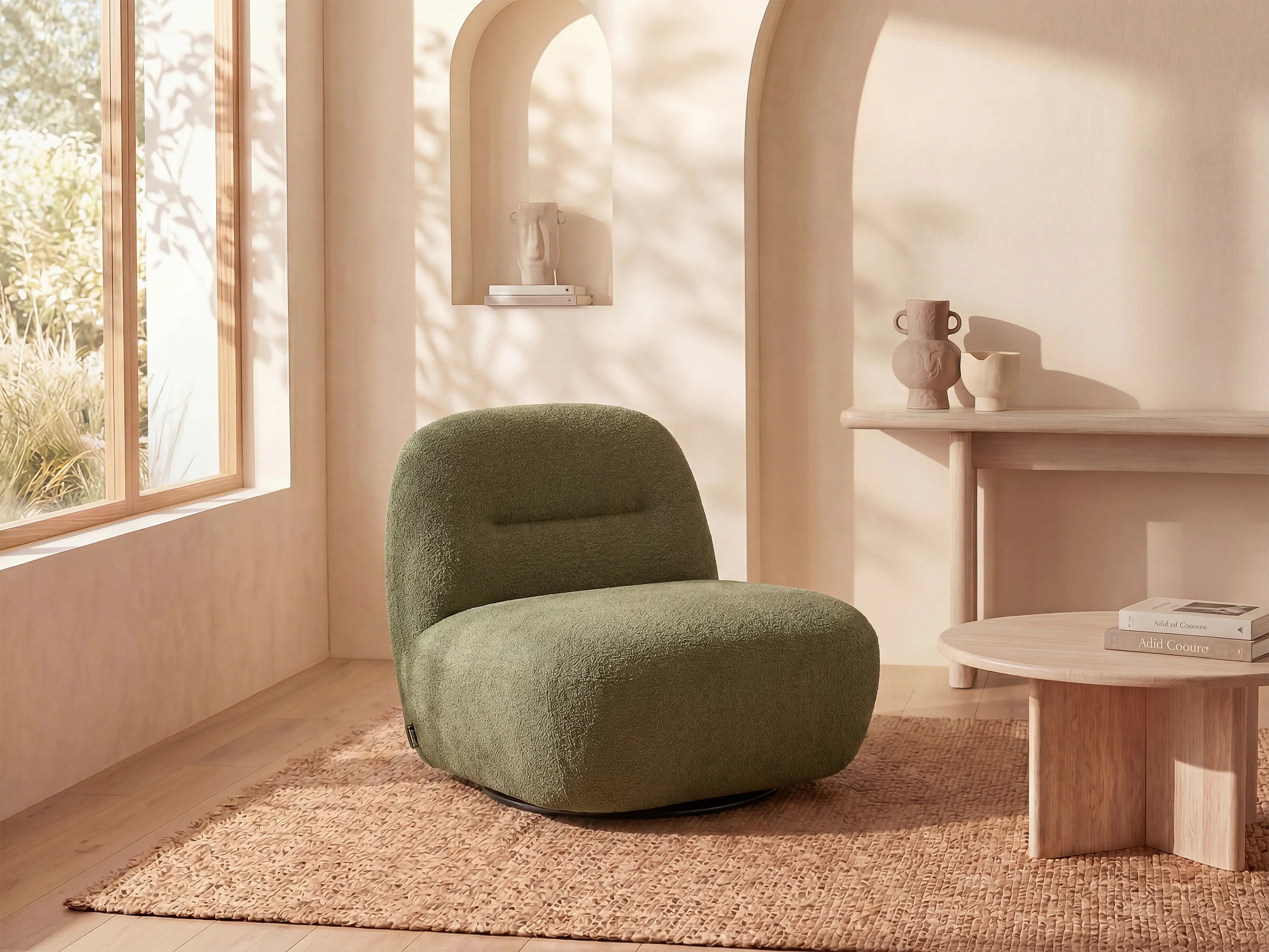 Fauteuil Arrondi Pivotant En Tissu Texturé Vert - POZETI