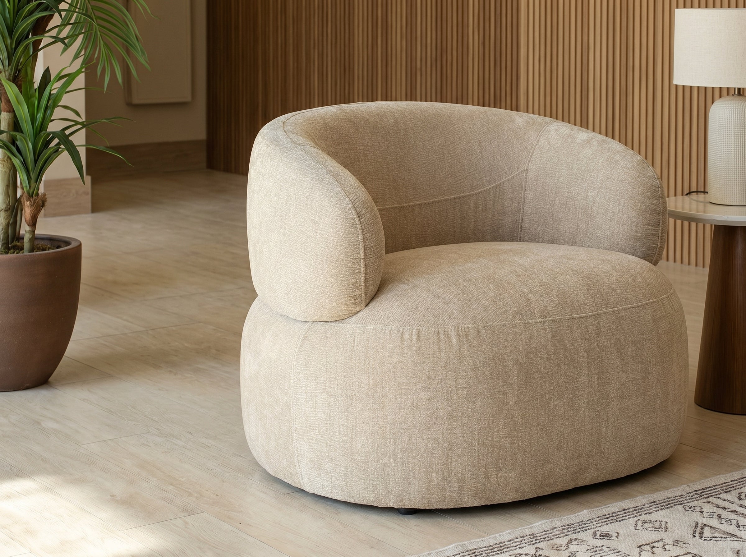 Fauteuil Arrondi Pivotant En Velours Texturé Beige - GLOVE