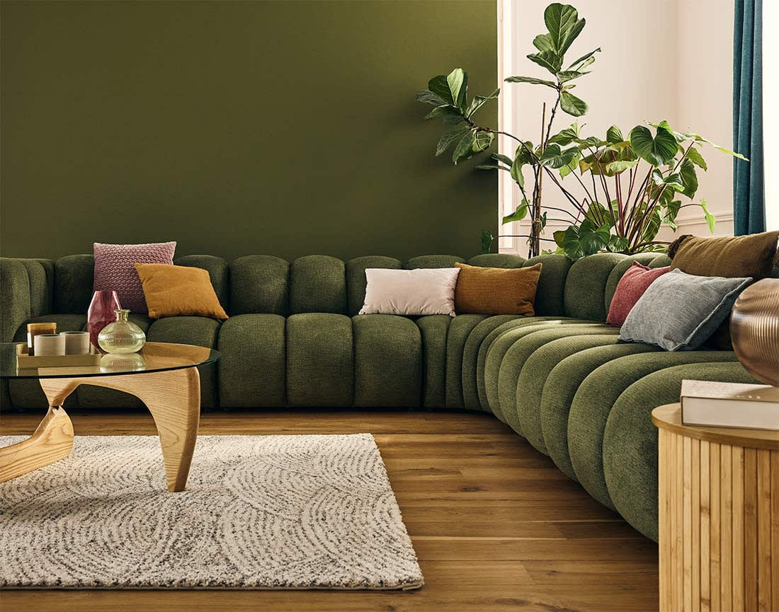 Canapé Modulable Arrondi Tissu Texturé 5 Places Vert Angle Droit - Debbie
