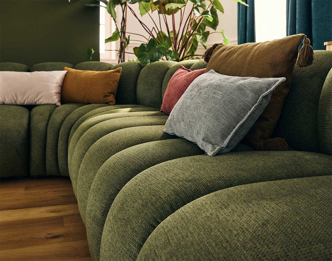 Canapé Modulable Arrondi Tissu Texturé 5 Places Vert Angle Droit - Debbie