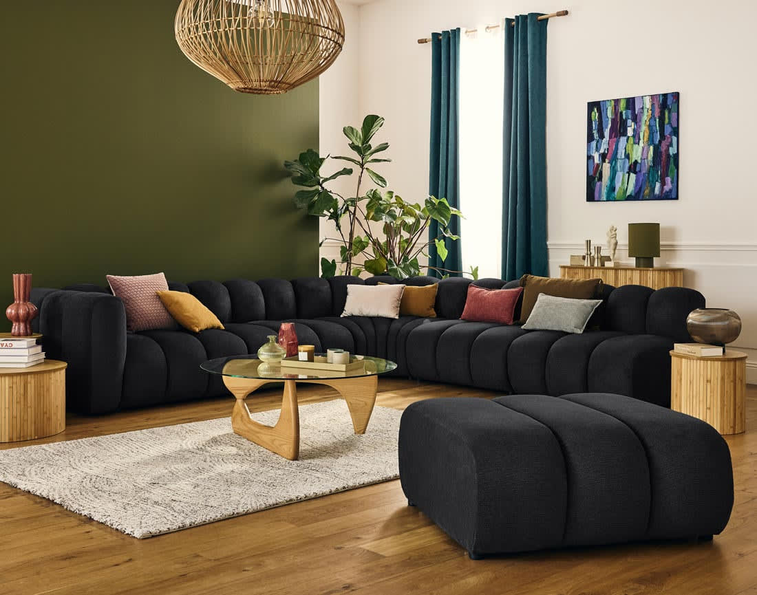 Canapé Modulable Arrondi Tissu Texturé 5 Places Noir Angle Droit - Debbie