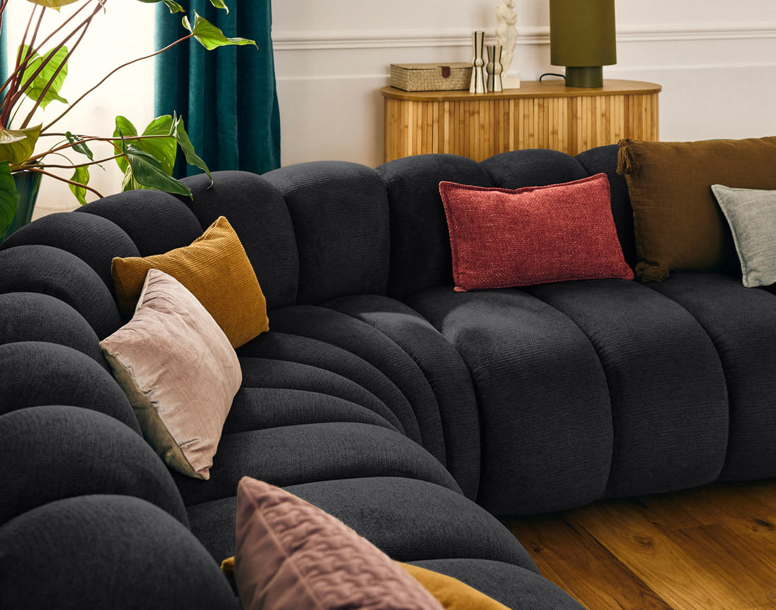 Canapé Modulable Arrondi Tissu Texturé 5 Places Noir Angle Droit - Debbie