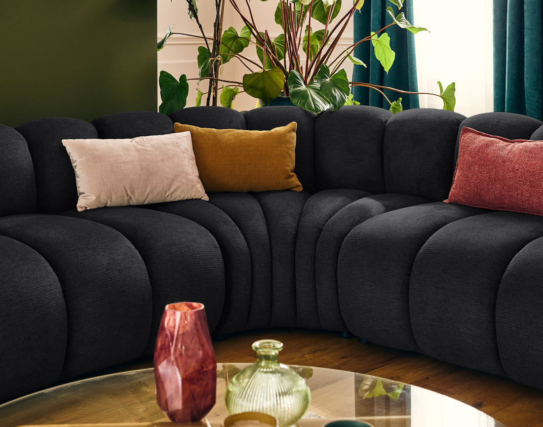 Canapé Modulable Arrondi Tissu Texturé 5 Places Noir Angle Droit - Debbie