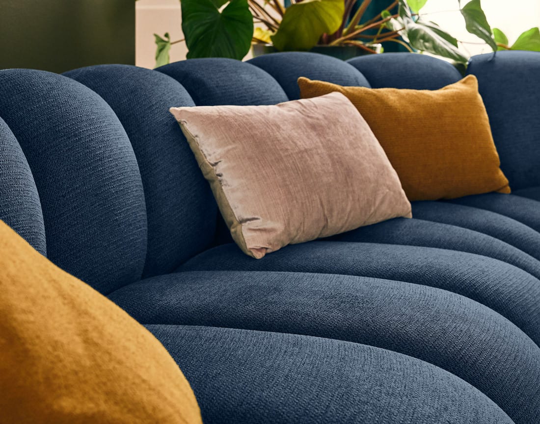 Canapé Modulable Arrondi Tissu Texturé 5 Places Bleu Angle Droit - Debbie