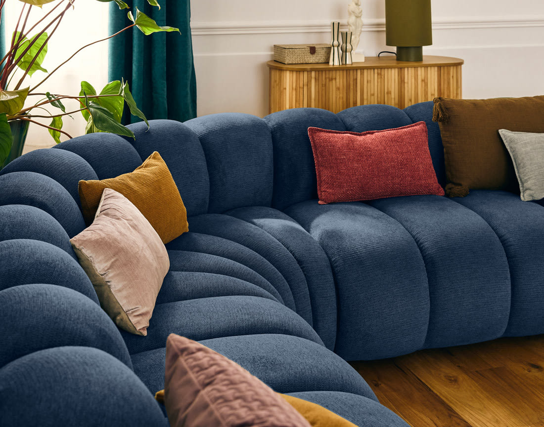 Canapé Modulable Arrondi Tissu Texturé 5 Places Bleu Angle Droit - Debbie