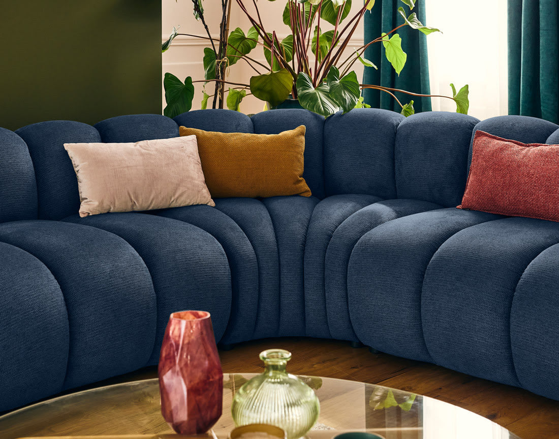 Canapé Modulable Arrondi Tissu Texturé 5 Places Bleu Angle Droit - Debbie