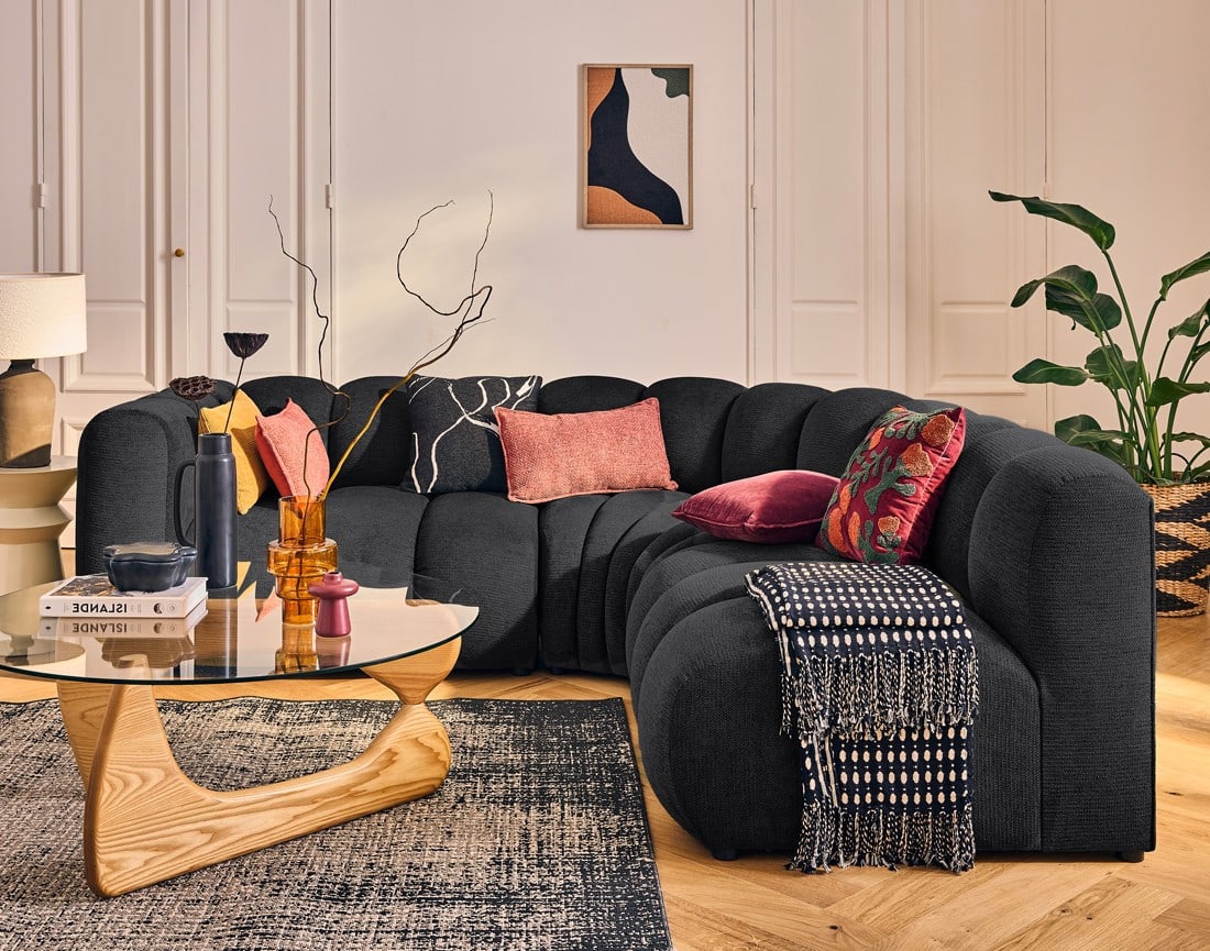 Canapé Modulable Arrondi Tissu Texturé 4 Places Noir Angle Droit - Debbie