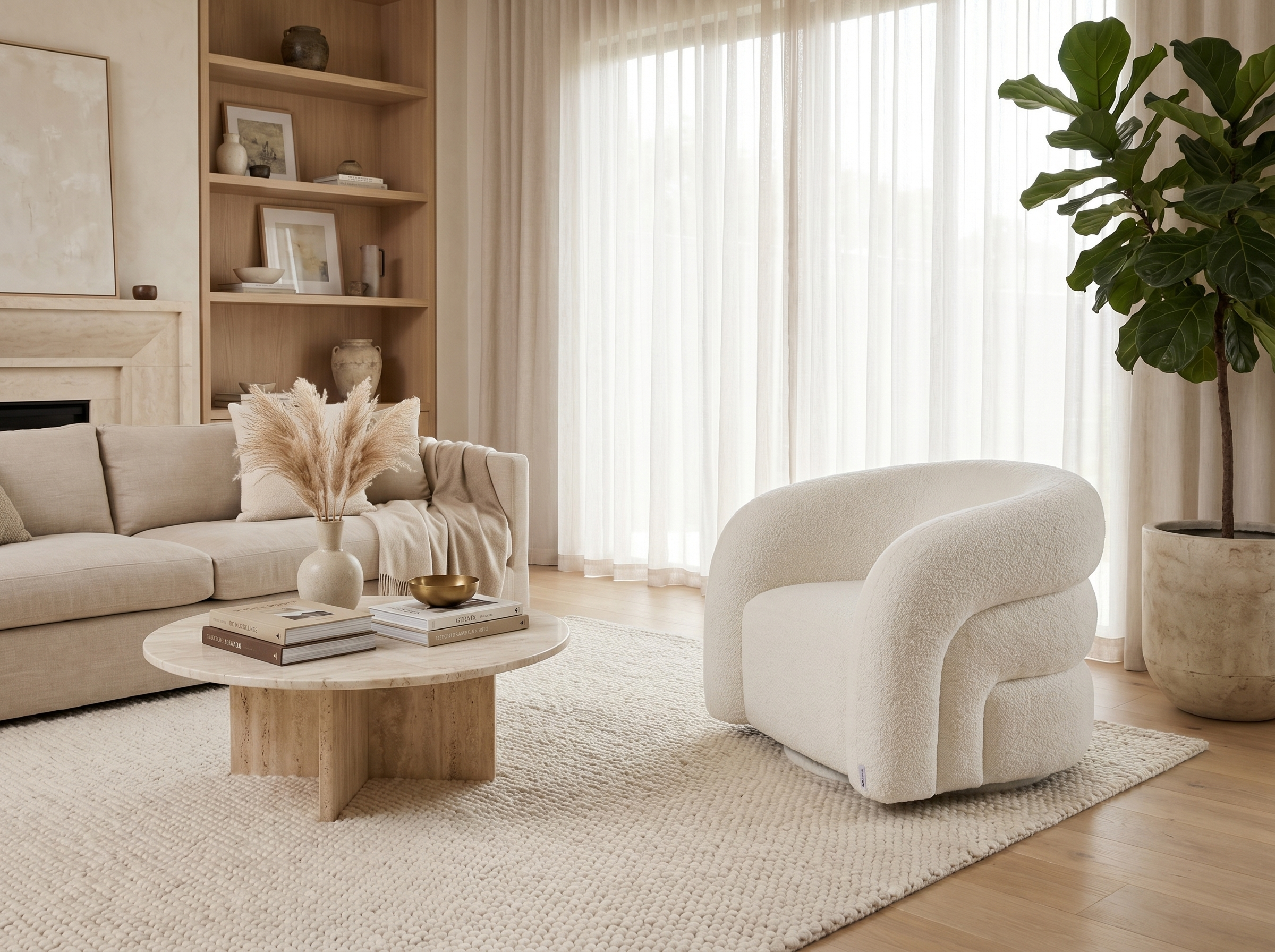 Fauteuil Arrondi Pivotant En Tissu Bouclette Blanc - LAPIOTA