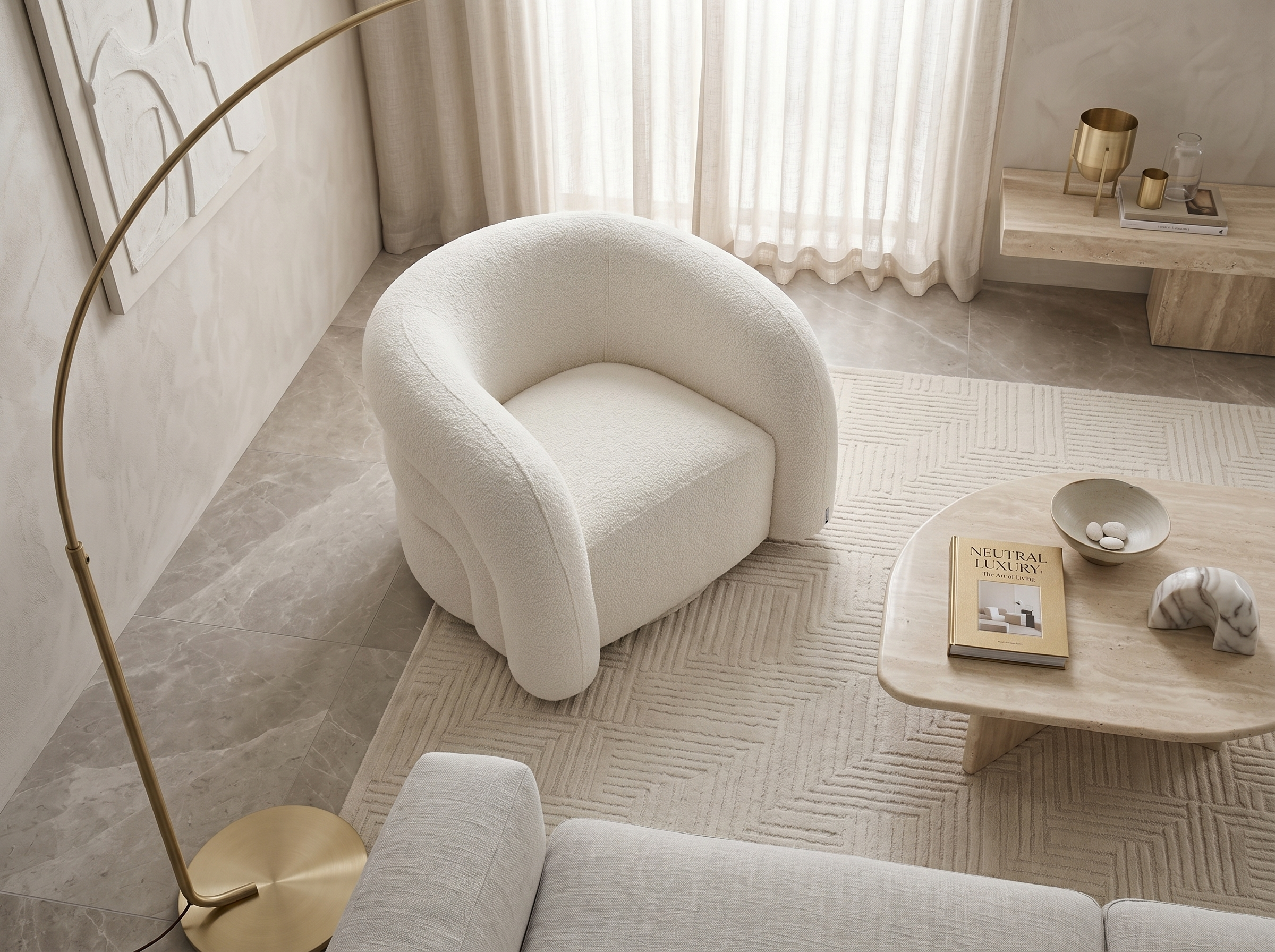 Fauteuil Arrondi Pivotant En Tissu Bouclette Blanc - LAPIOTA