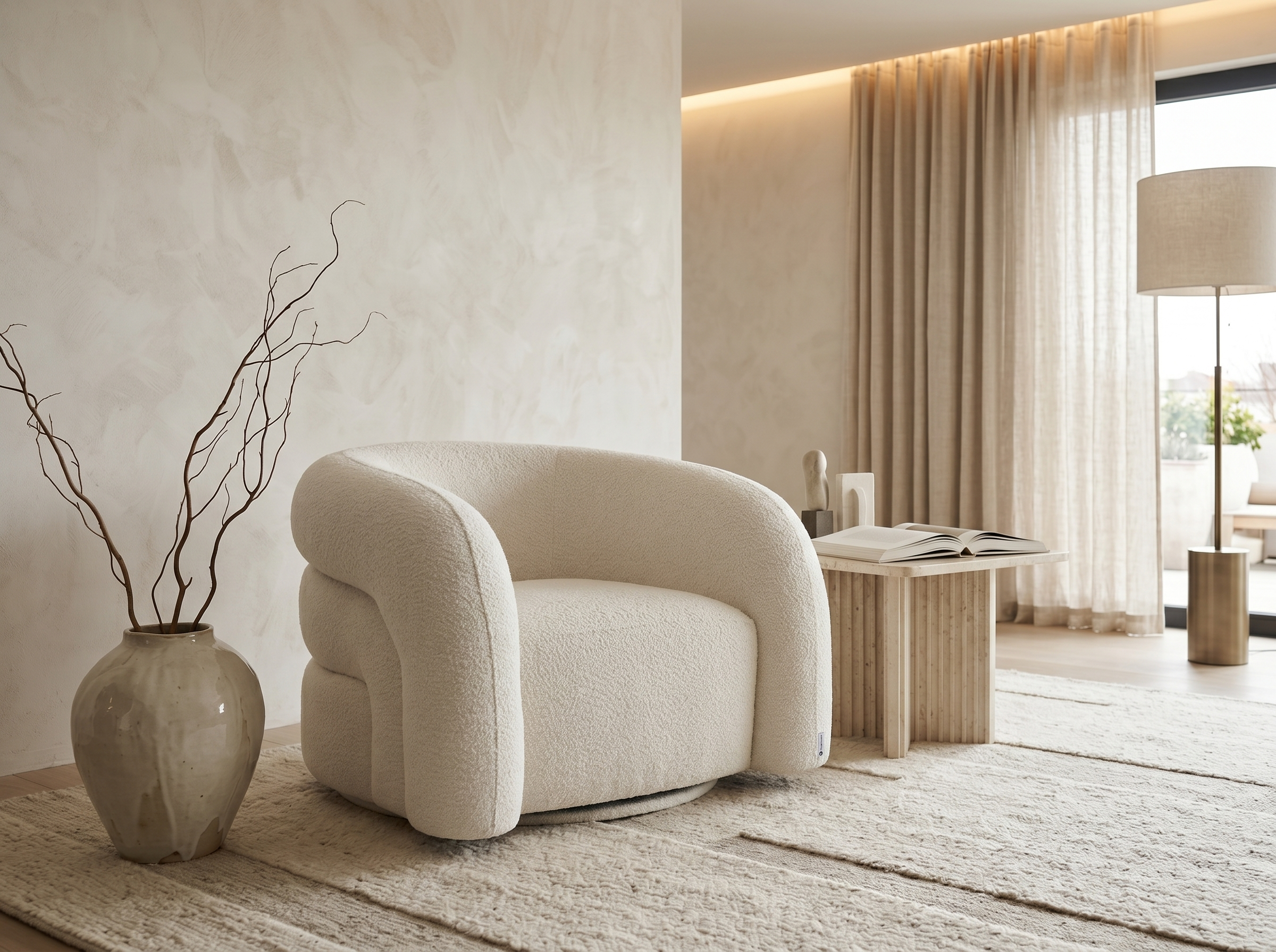 Fauteuil Arrondi Pivotant En Tissu Bouclette Blanc - LAPIOTA