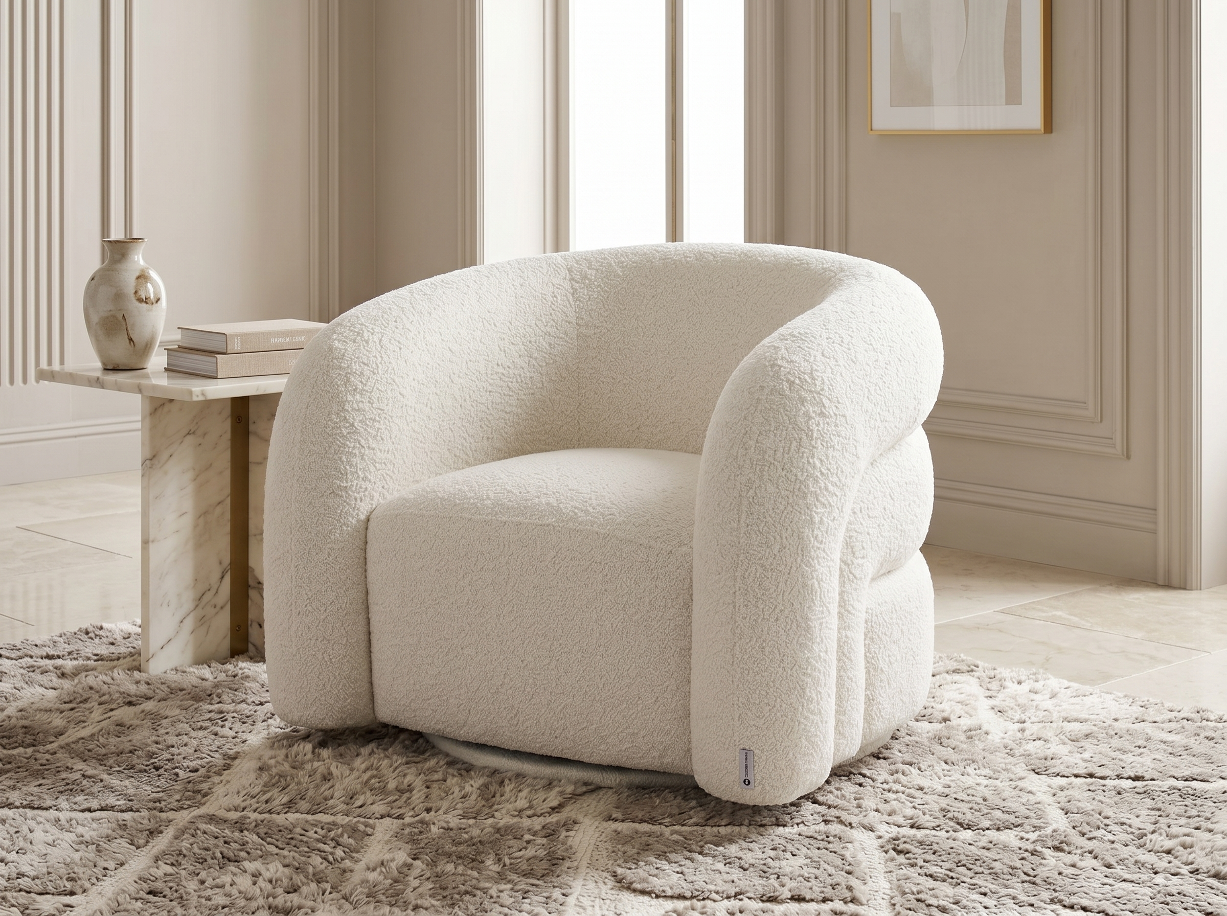 Fauteuil Arrondi Pivotant En Tissu Bouclette Blanc - LAPIOTA