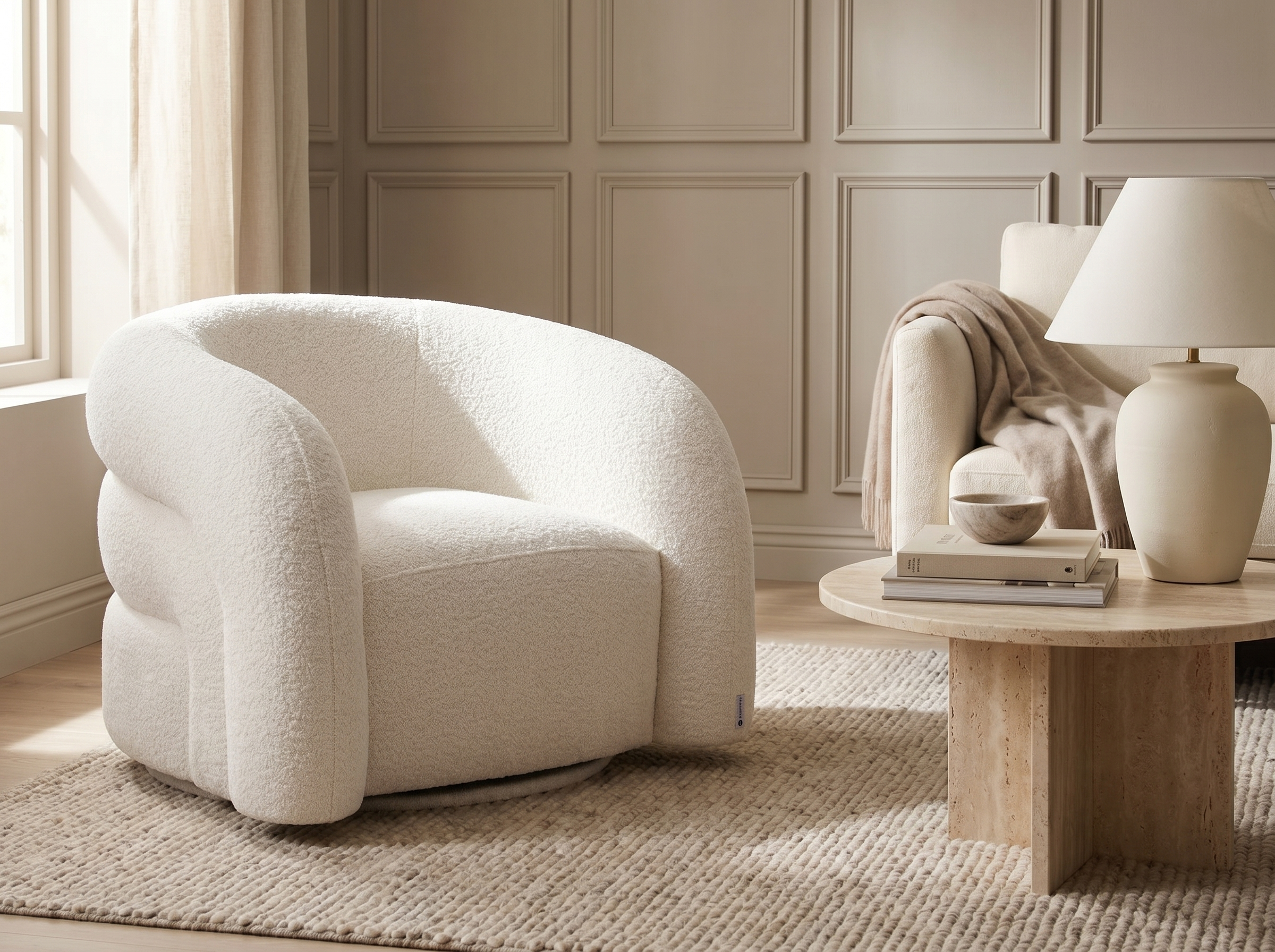 Fauteuil Arrondi Pivotant En Tissu Bouclette Blanc - LAPIOTA