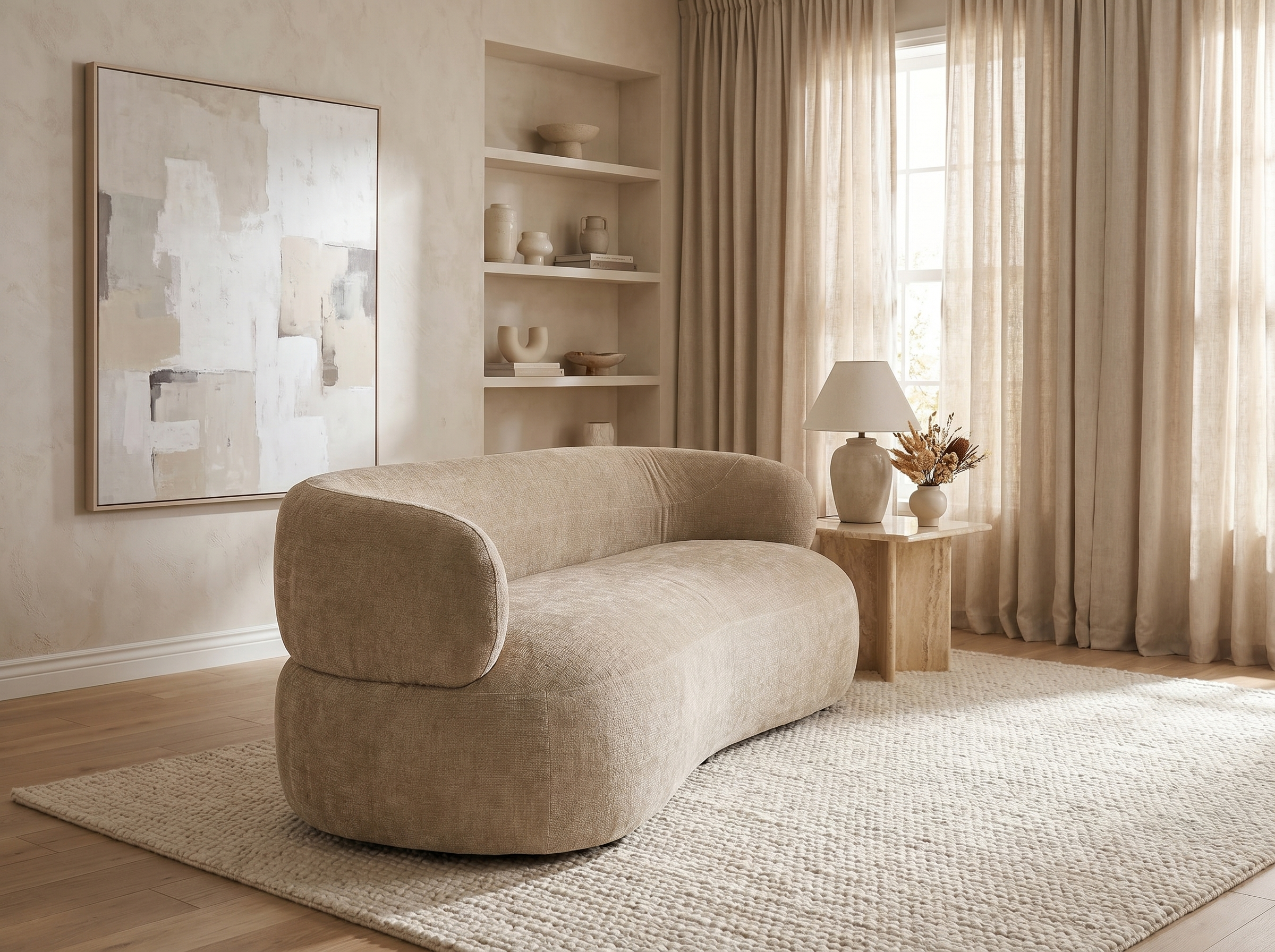 Canapé Arrondi En Velours Texturé Beige - GLOVE