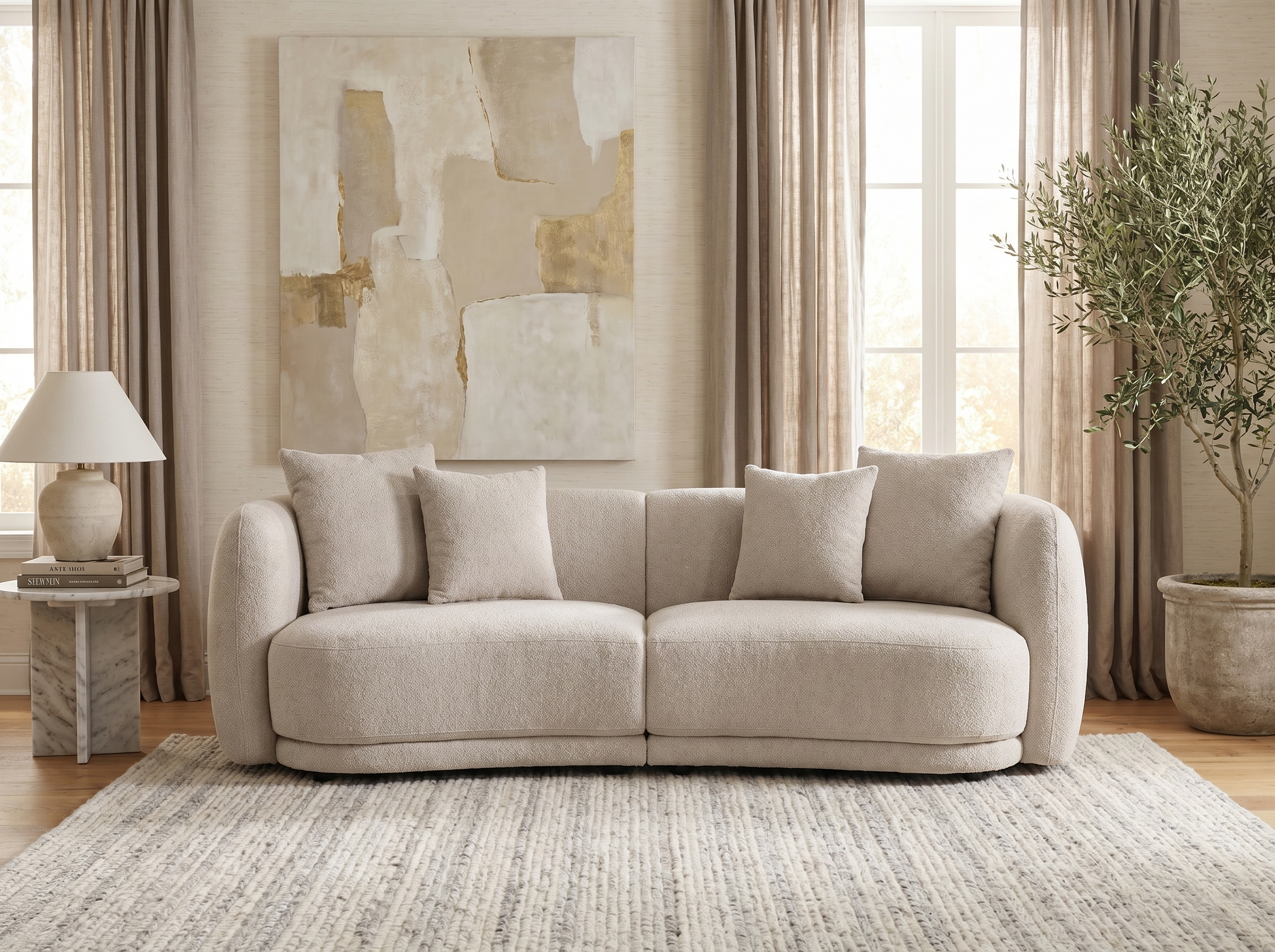 Canapé Arrondi 3 Places en Bouclette Beige - CIELO