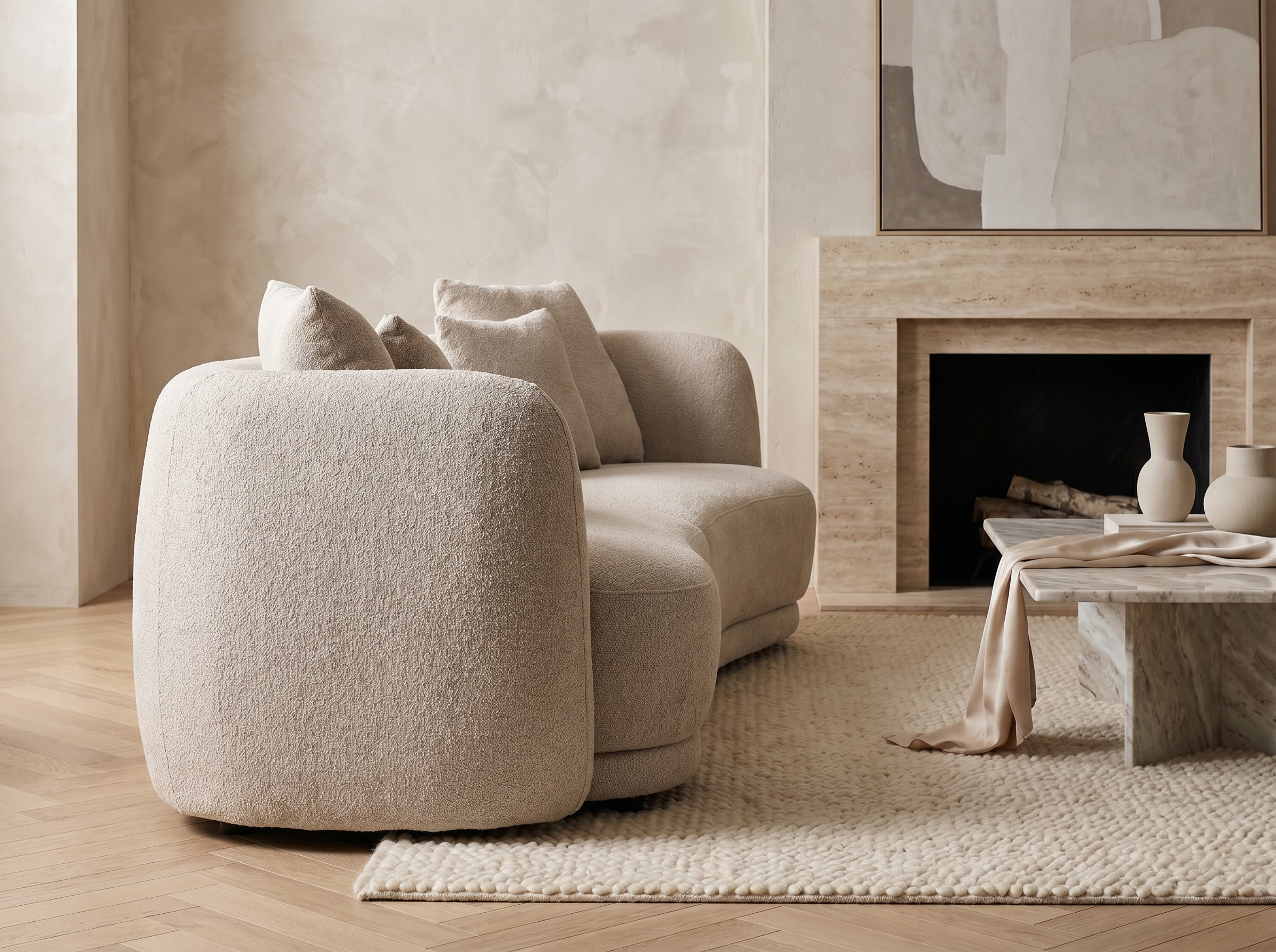 Canapé Arrondi 3 Places en Bouclette Beige - CIELO