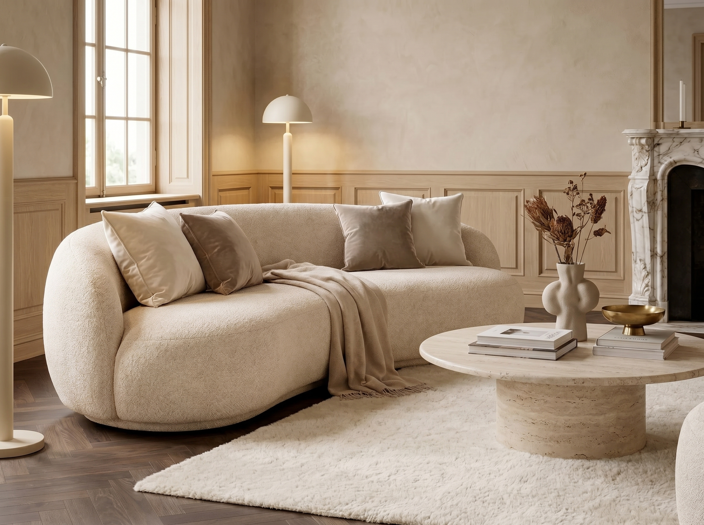 Canapé Incurvé Design 3 Places en Tissu Chenille Beige - MARLO