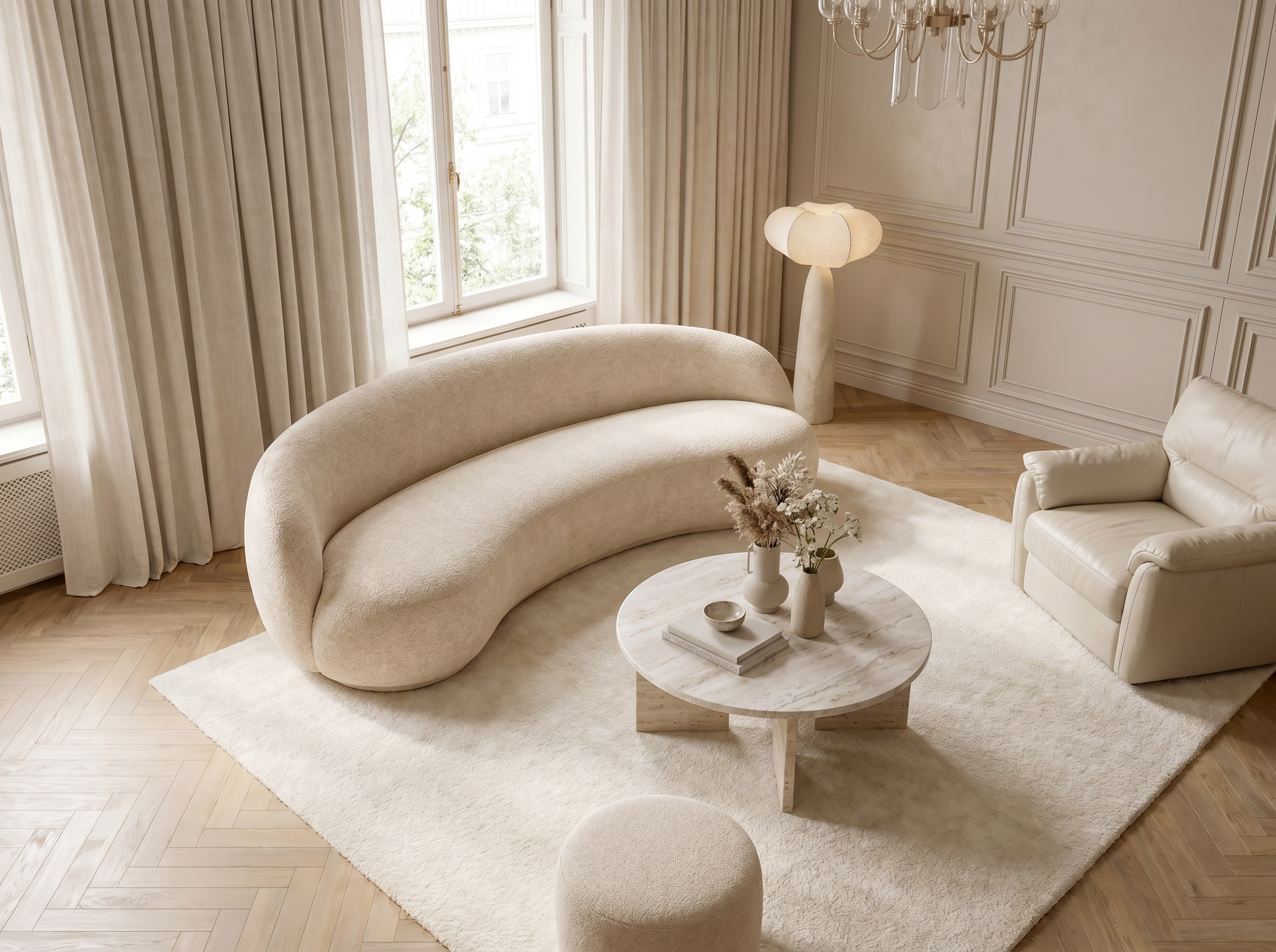 Canapé Incurvé Design 3 Places en Tissu Chenille Beige - MARLO