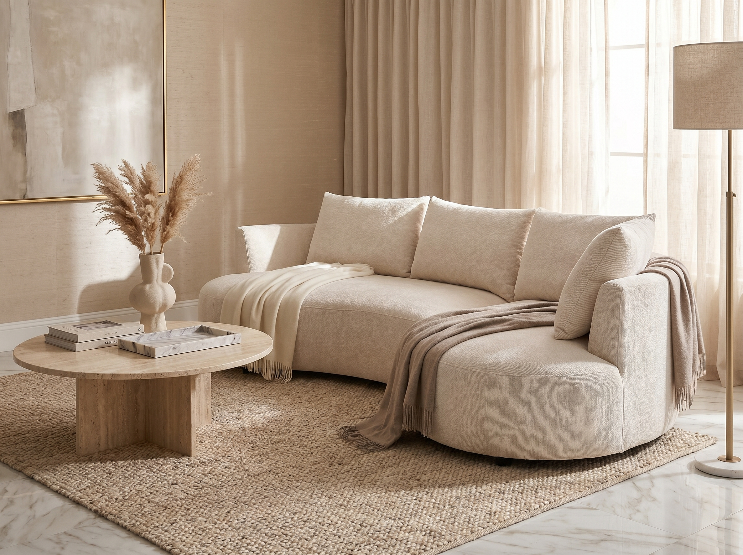 Canapé Arrondi d'Angle en Velours Texturé Beige - LOUSADO